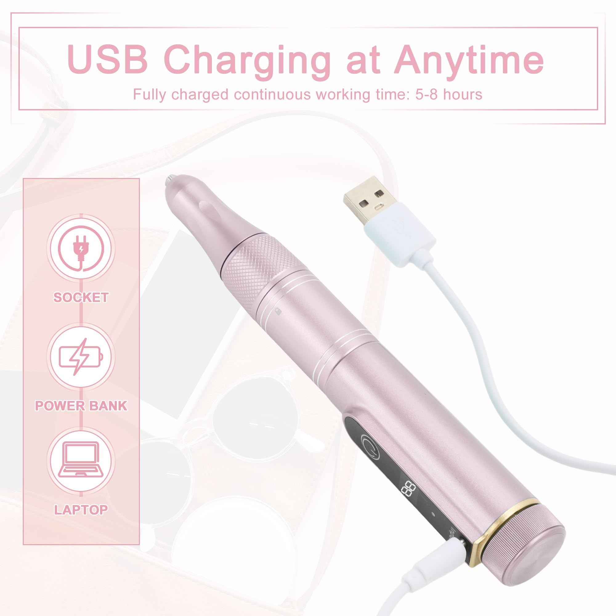 Lima de uñas inalámbrica, pulidora eléctrica de uñas, 35000 RPM, velocidad ajustable, aleación de aluminio, carga USB portátil, ideal for el cuidado de las uñas y salones de belleza.(Rose gold)