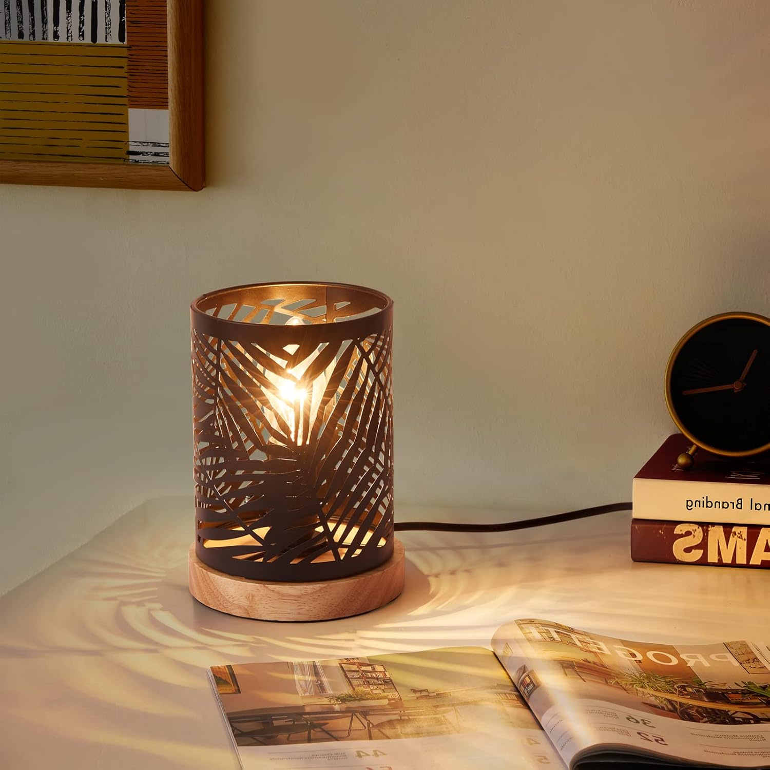 Table Lamp, E12 40W Bedside Lamp with Black Metal Hollow-Out Shade and Wooden Base, Table Lighting Decorative for Bedroom, Living Room (Without Bulb)