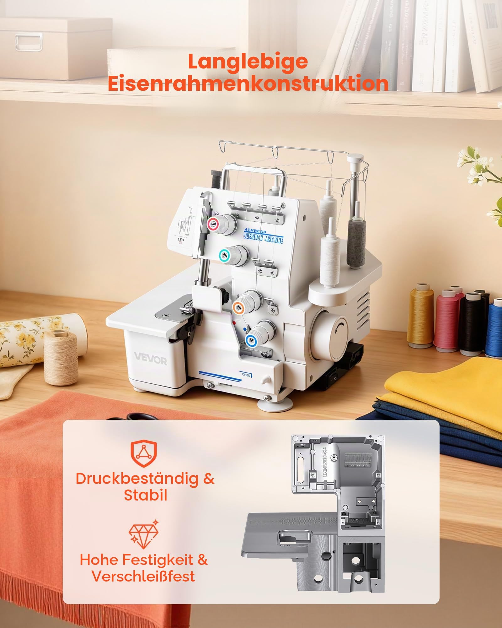 VEVOR Overlock-Nähmaschine 1250 Stiche pro Minute, 3- und 4-Faden-fähig, mit LED-Licht & starken Saugfüßen, robuste Nähmaschine mit Metallrahmen für verschiedene Stoffe, Weiß