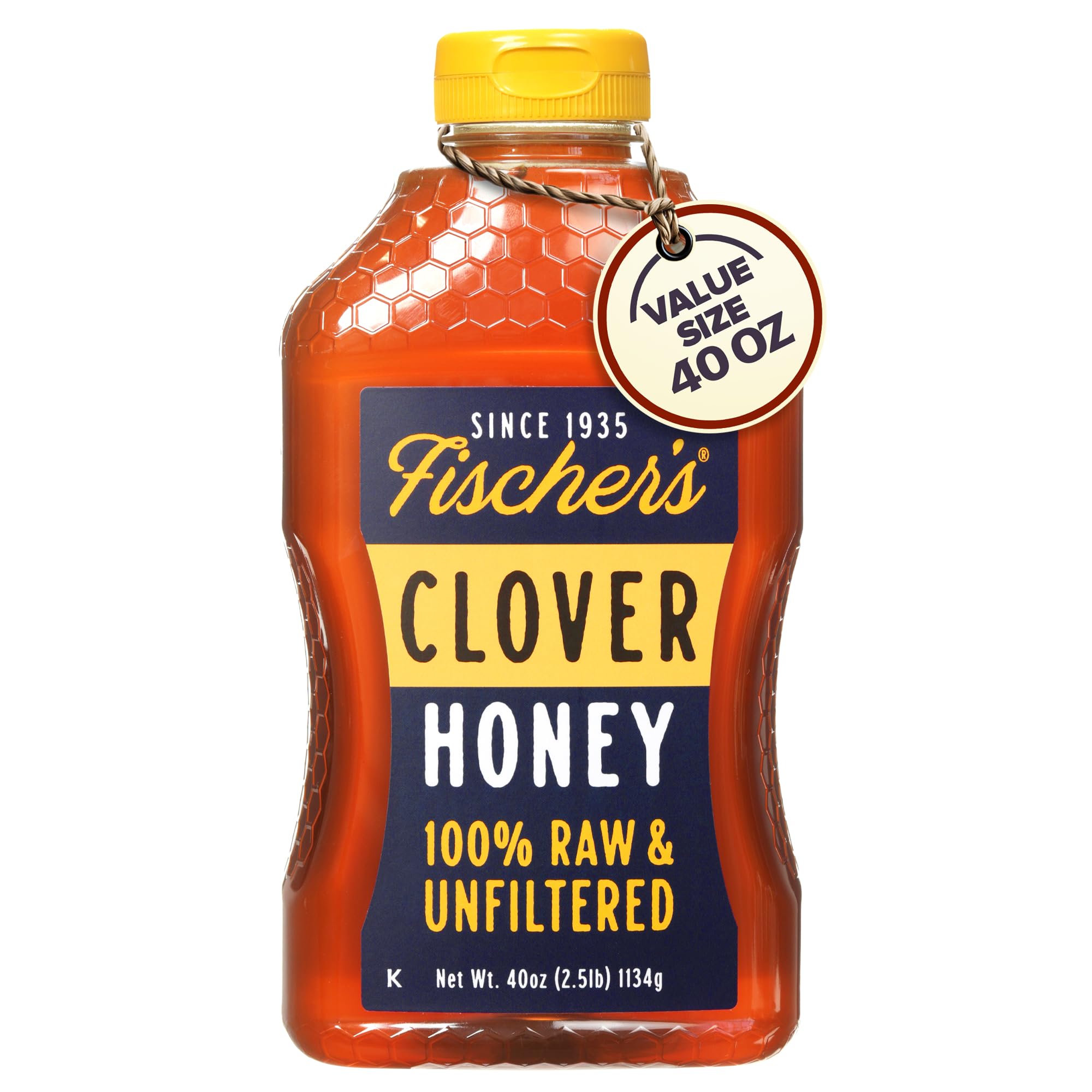 Fischer's Pure Clover Honey 40 oz – 100% Pure, Raw and Unfiltered Honey in a Squeeze Bottle – All-Natural Sweetener – Rich Flavor Profile, Packed with Nutrients