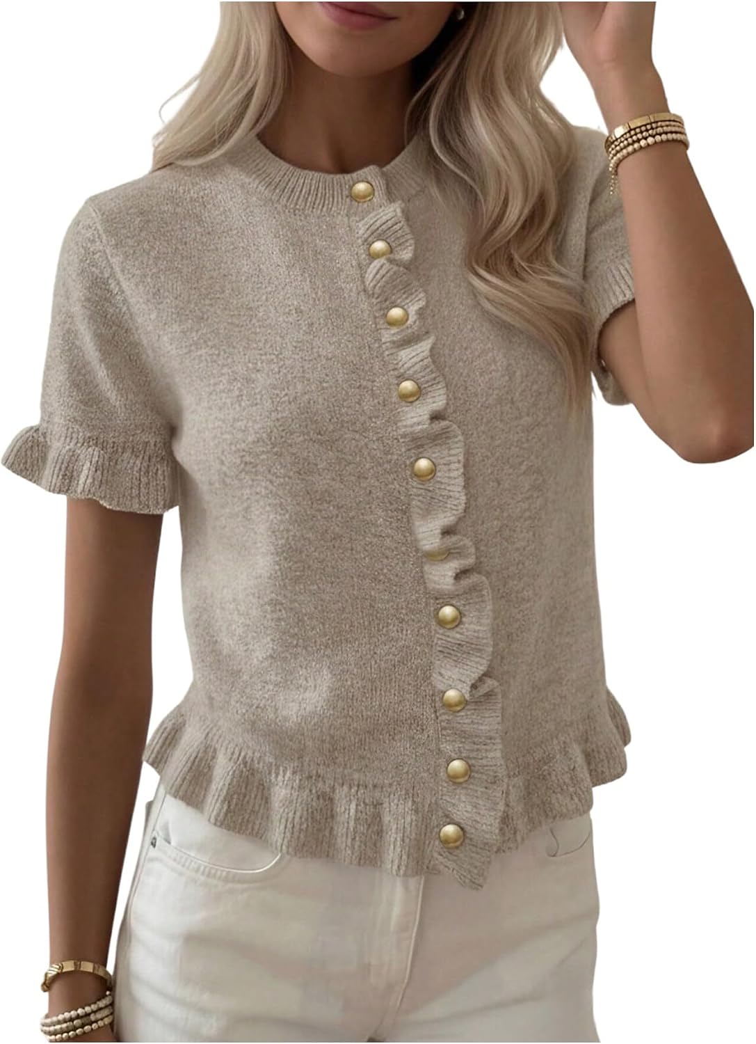 MakeMeChic Women's Short Sleeve Cardigan Sweates Ruffle Dressy Tops