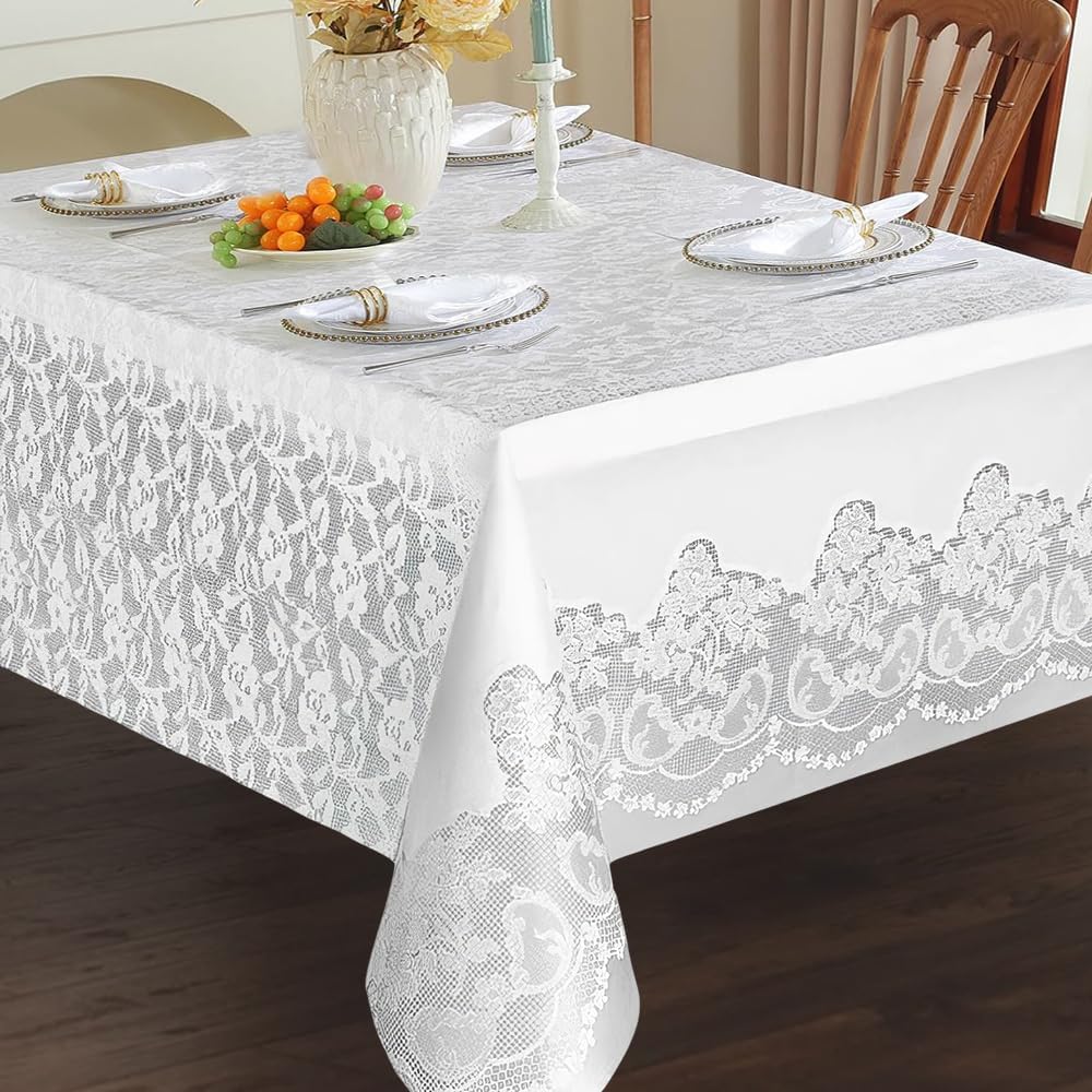 Unique White Lace Rectangular Plastic Table Cover - 54" x 108" (1 Count) - Premium Quality, Reusable, Waterproof, Elegant & Chic Design - Perfect for Parties, Weddings & Banquets (Pack of 6)