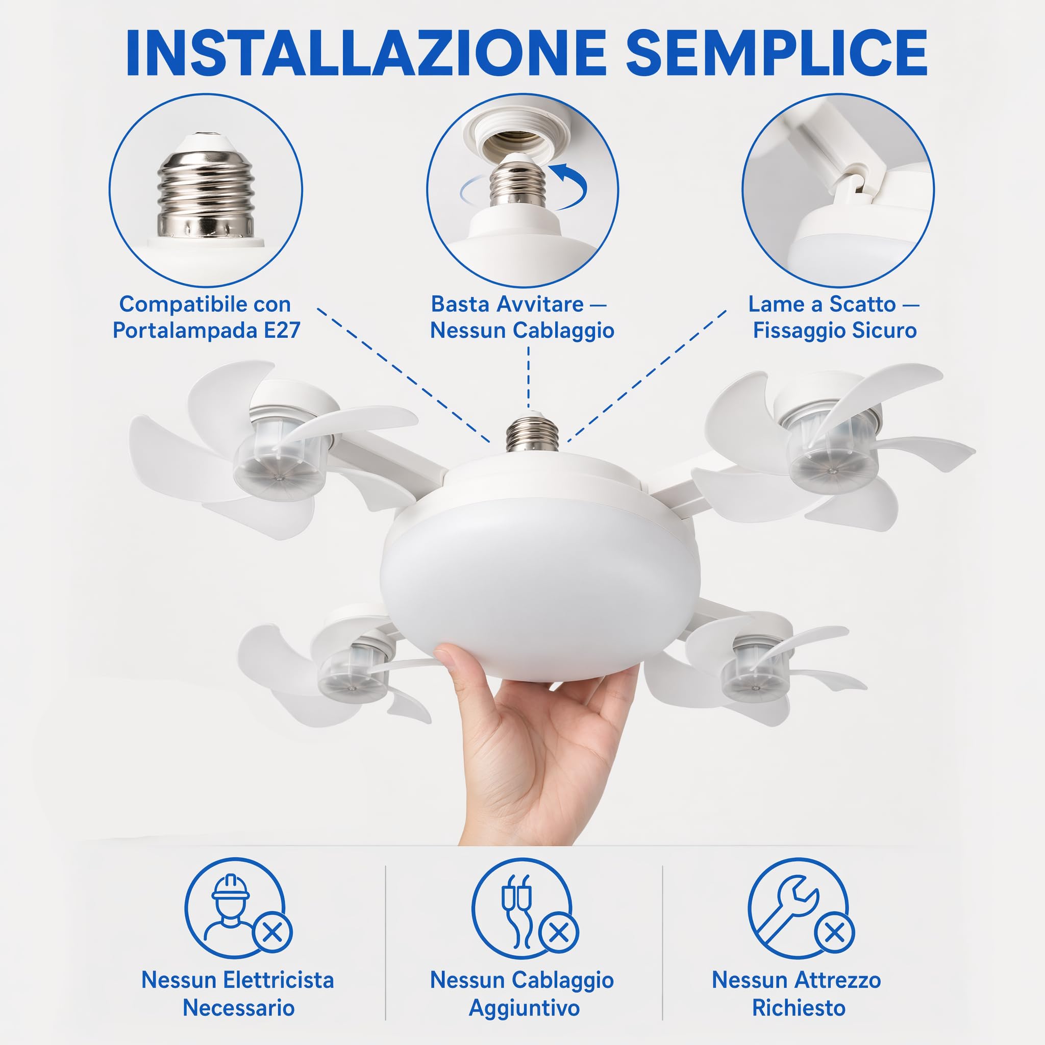 Ventilatore Soffitto LED Silenzioso 4 Teste, Timer 4H, 3 Vel, ABS Premium ABS+PC premium, timer 2H/4H, controllo parete+telecomando, <30dB, dimmerabile 3000K-6000K, 4 teste 50cm