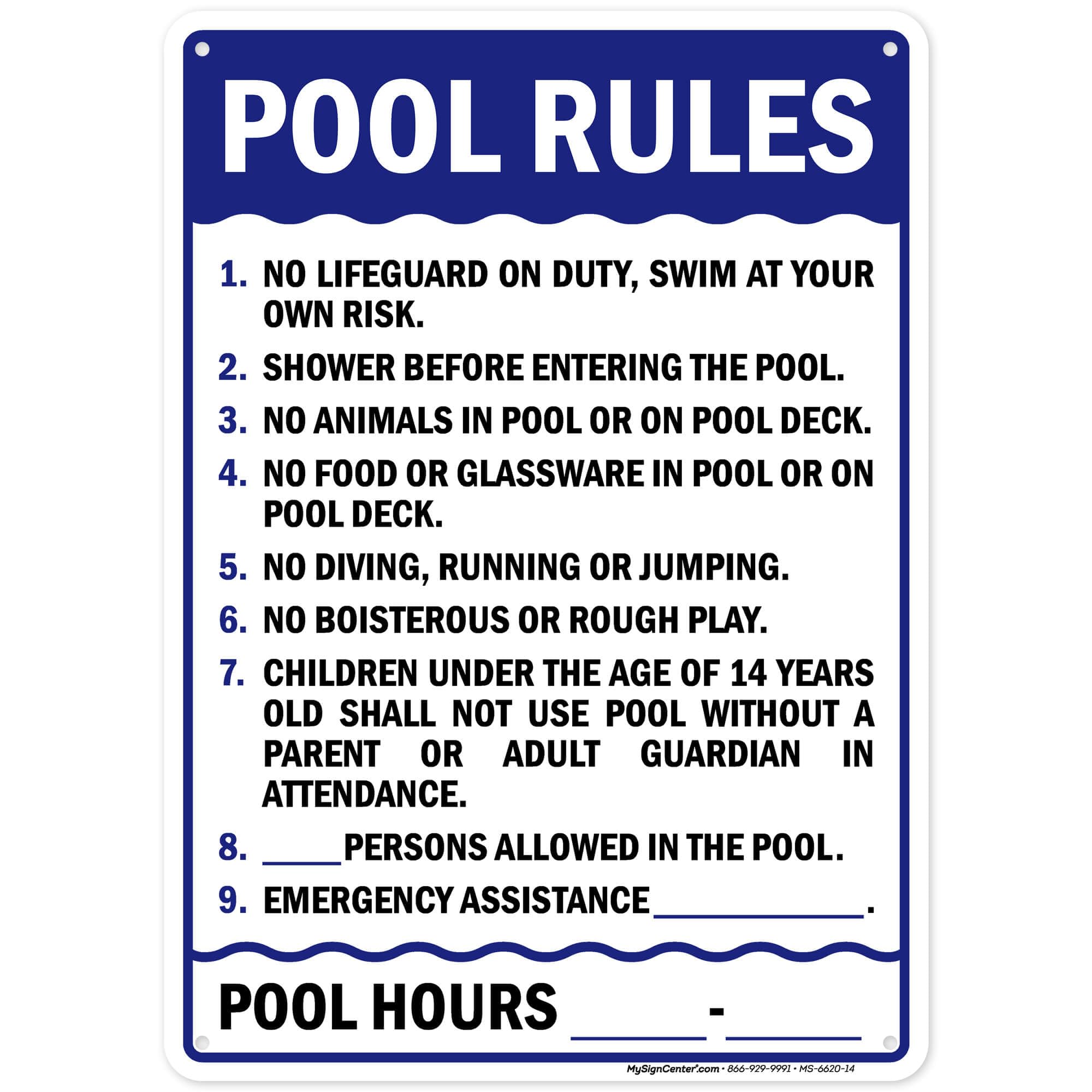 Pool Rules Sign, 10x14 Inches, Rust Free .040 Aluminum, Fade Resistant, Made in USA by My Sign Center