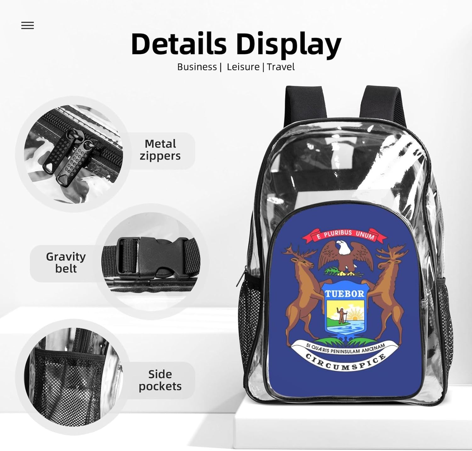 Michigan State Flag Print Unisex Transparent Backpack Set Travel Outdoor With Clear 3-Piece Lunch Pen Case