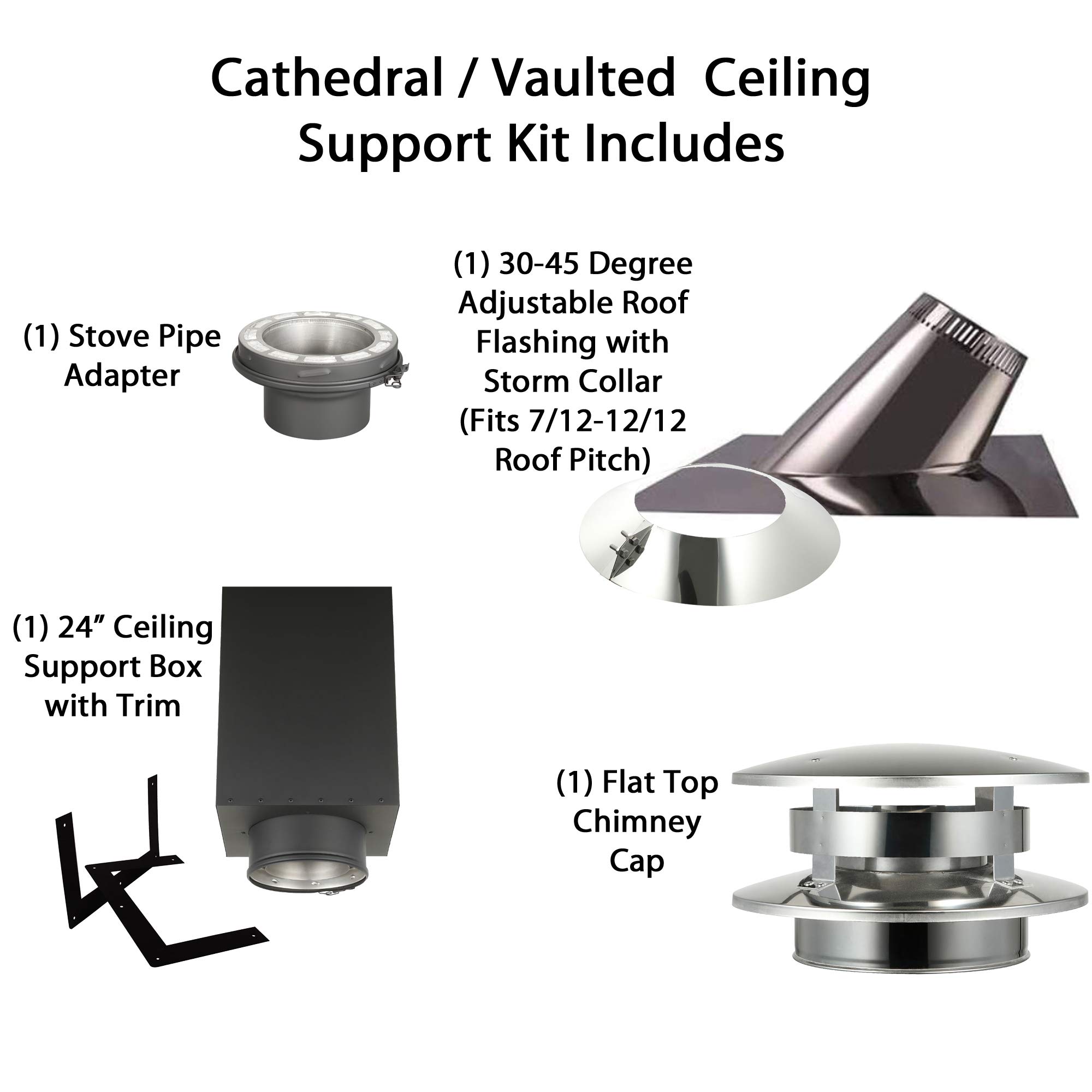 AllFuel HST Cathedral Ceiling Kit with Flat Top Chimney Cap for 6 Diameter  304 Stainless Steel Class-A Double Wall Chimney Pipe (24 Square Ceiling  Support Box, 7/12-12/12 Pitch Roof Flashing) - Amazon.com