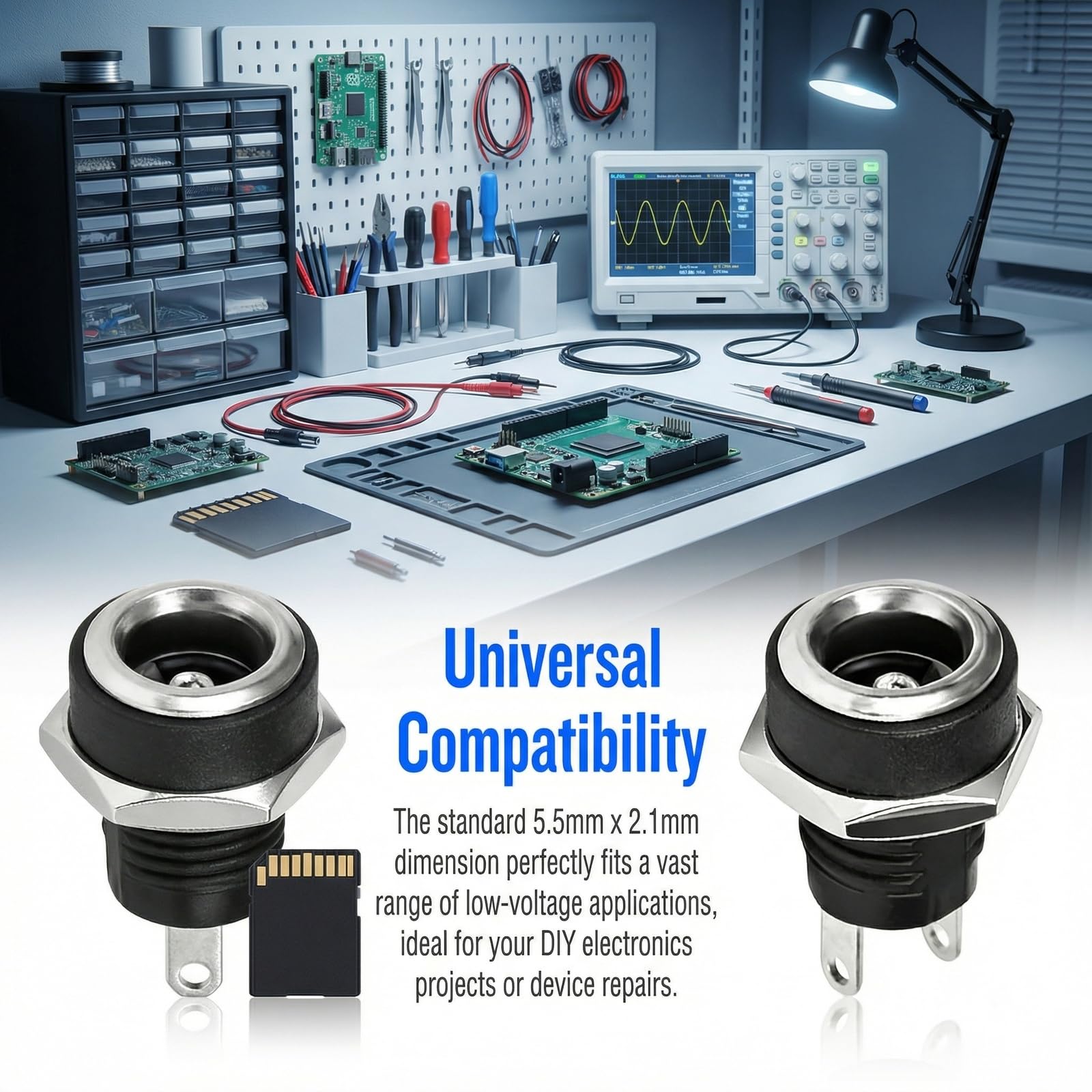 Nivofu 6x Presa Jack Alimentazione DC 5.5 x 2.1 mm, Connettore Femmina da Pannello a 2 Pin con Dado e Rondella, Adattatore di Montaggio in Metallo per Progetti Fai-da-Te, Riparazioni Elettroniche