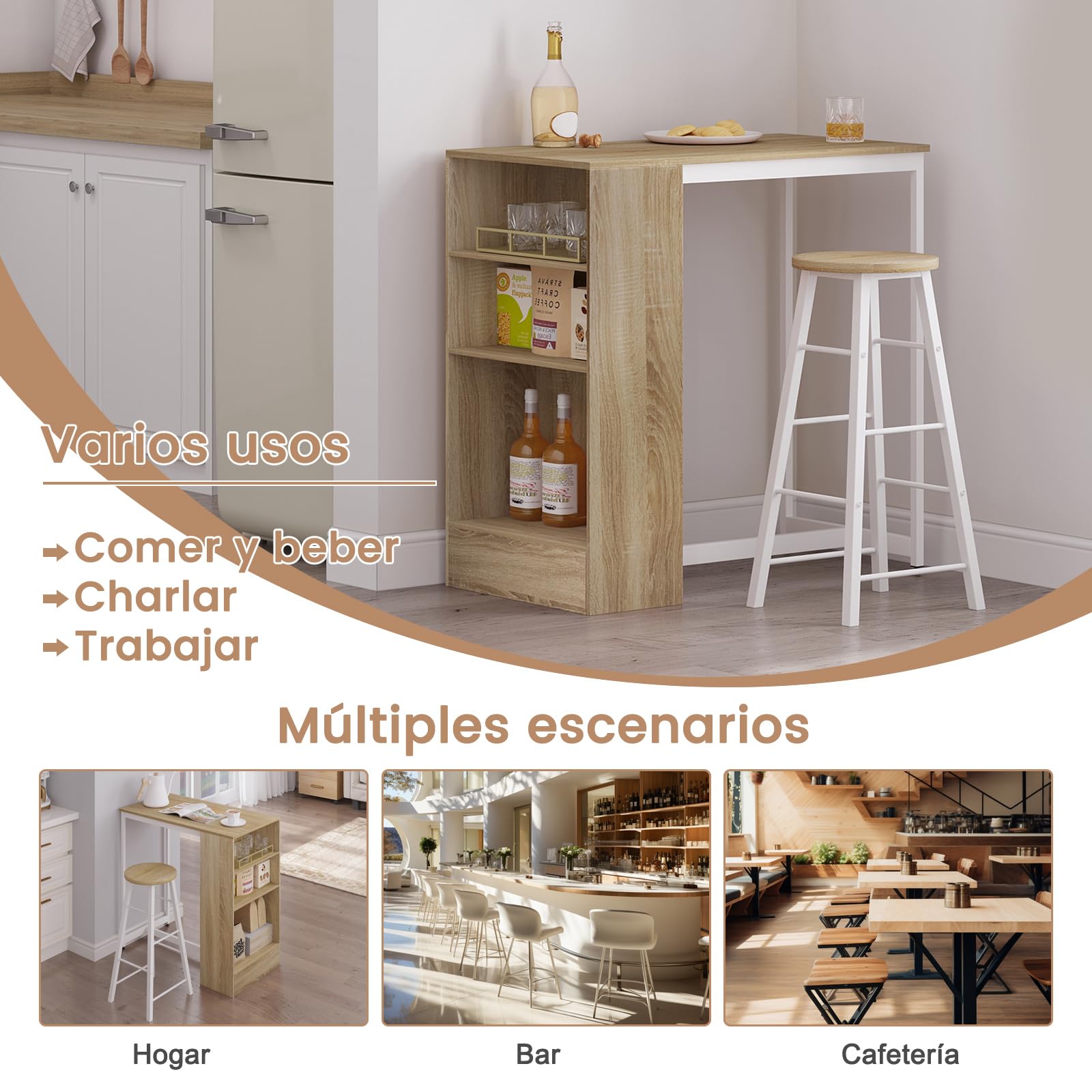 WOLTU Mesa de Bar con Estantes, Mesa Alta Cocina de Marco Metal Robusto, Barra Cocina con 3 Compartimentos Abiertos de Almacenamiento para Comedor, Roble Claro