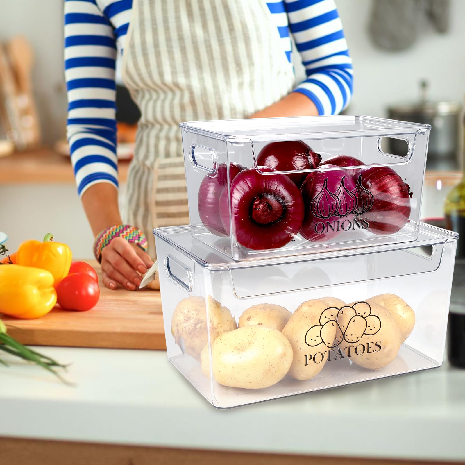 Xbopetda Lot De 2 Boîtes De Rangement Pour Pommes De Terre Et Oignons, Avec Trous D'aération Et Couvercle En Bambou, Blanc