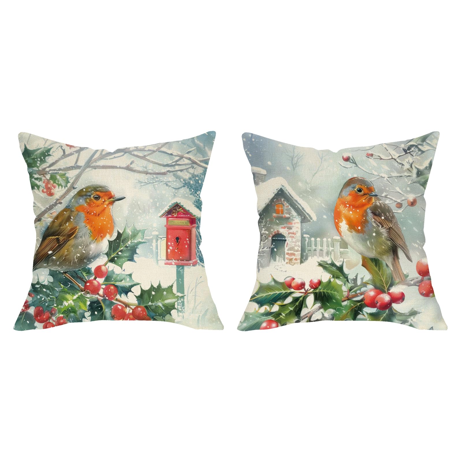 Fjfz Winter Robin Birds Decorative Throw Pillow Covers 18 x 18 Set of 2 Snowy Birdhouse Holly Berries