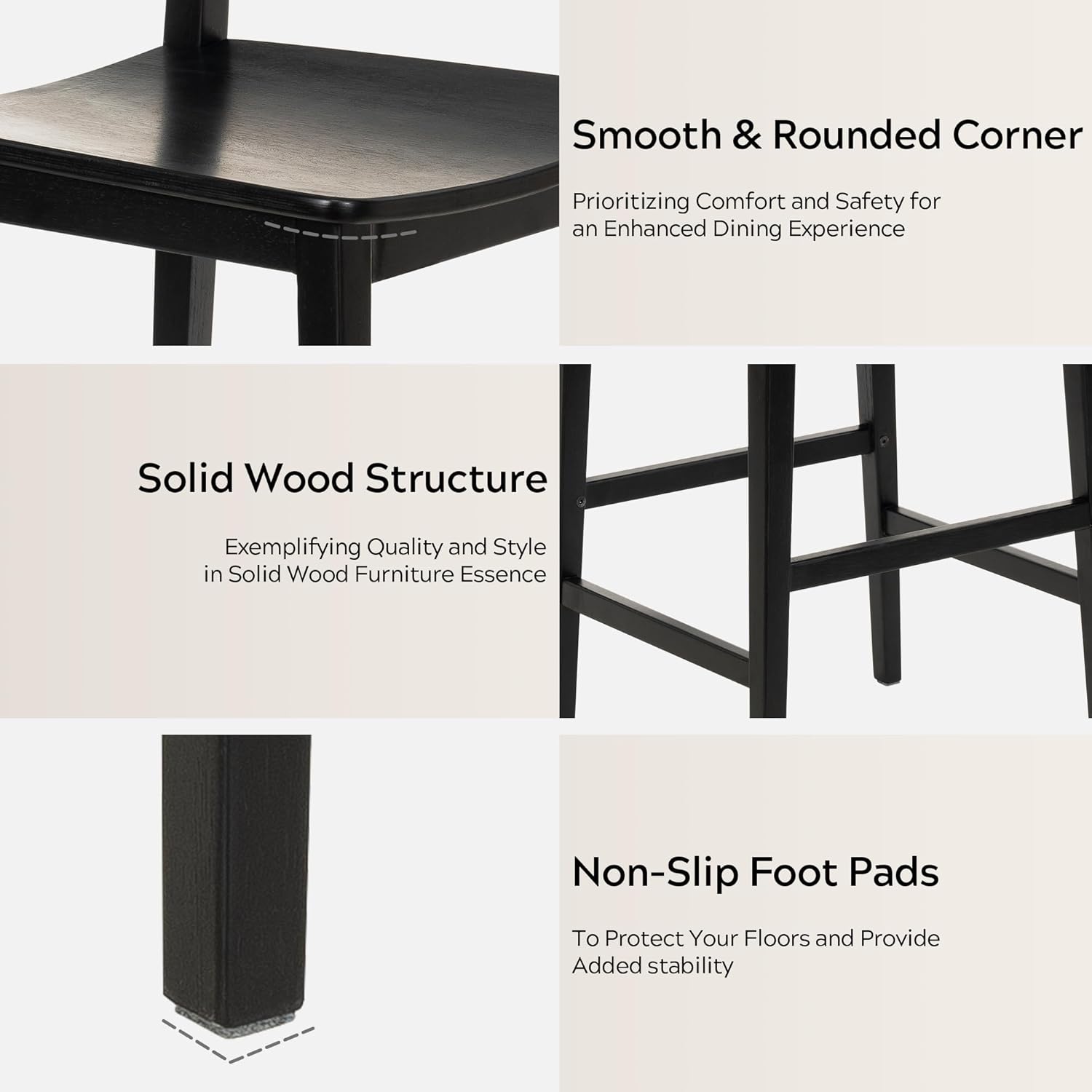 Details of the EYYTHUNG Bar Stool showing smooth corners, solid wood structure, and non-slip foot pads.