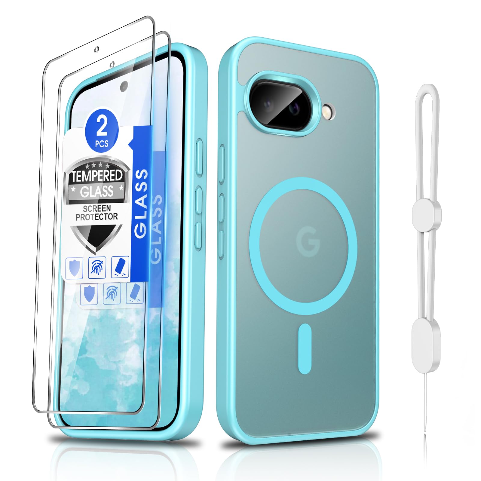 Dizn Magnetic for Google 9A Case, with Tempered Glass Screen Protector, Compatible with MagSafe Wireless Charging, Matte Translucent &amp; Military-Grade Shockproof Cover Protective for Pixel 9A, Teal