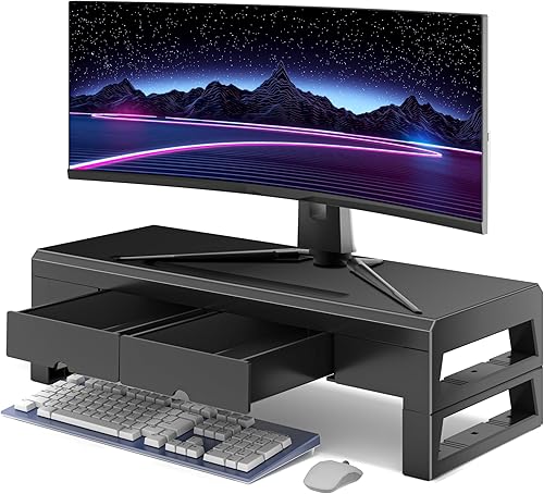 Soporte para monitor de computadora con 2 cajones, estante de escritorio para laptop y elevador de monitor de 21.6 pulgadas de largo para monitores,