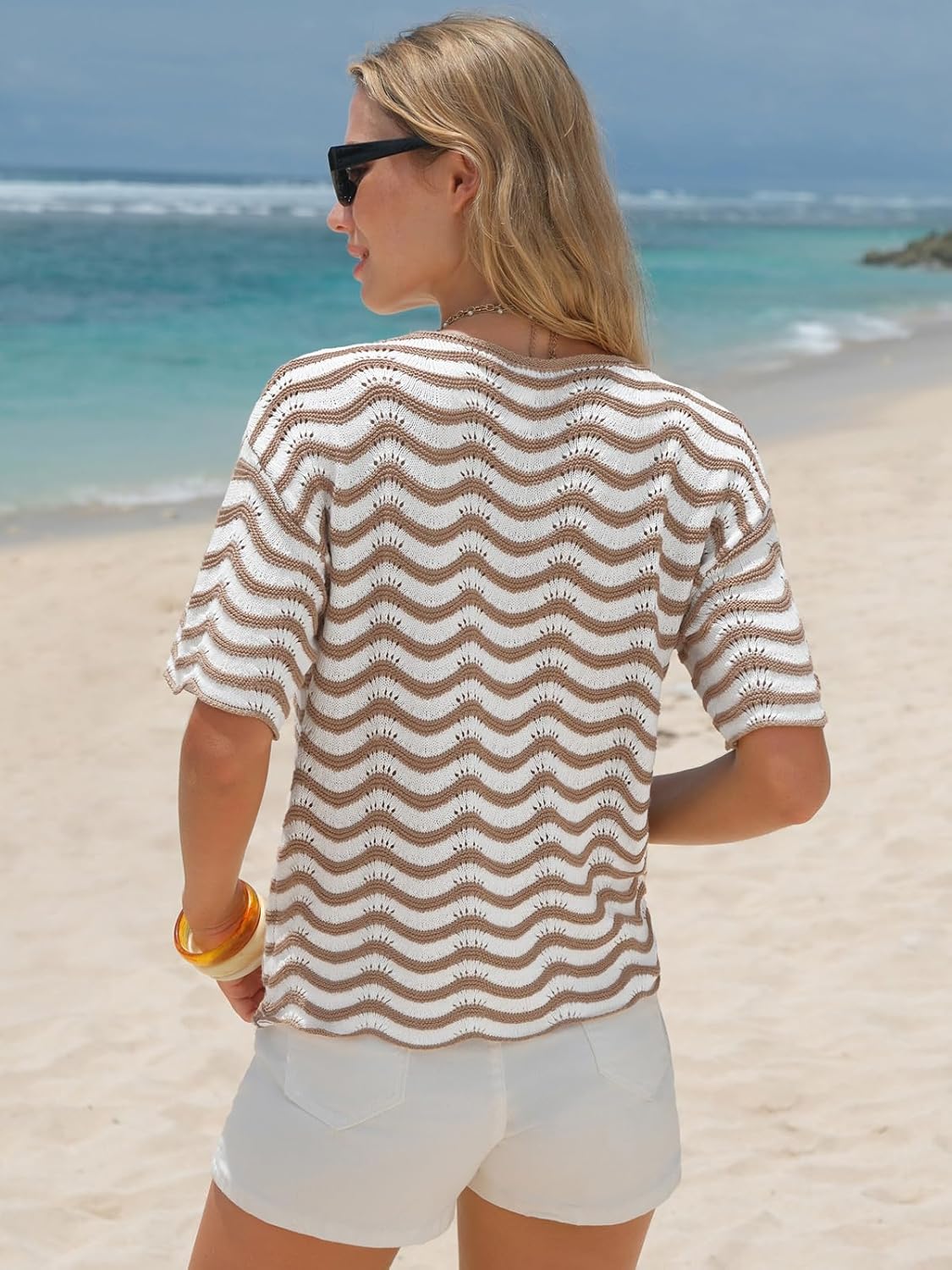 EXLURA Womens Summer Coverup Boho Tops Short Sleeve Crochet Knit Sweater Casual Striped Beach Vacation Cruise Outfits 2026 - Image 6