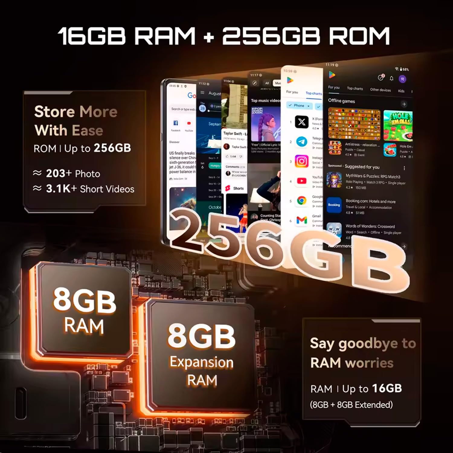 X100 5G - Smartfon 6.88" HD+ 120Hz, 16GB RAM (8GB+8GB Rozs.), 256GB ROM, Aparat 64MP, Android 15, Dimensity 7025, Czarny