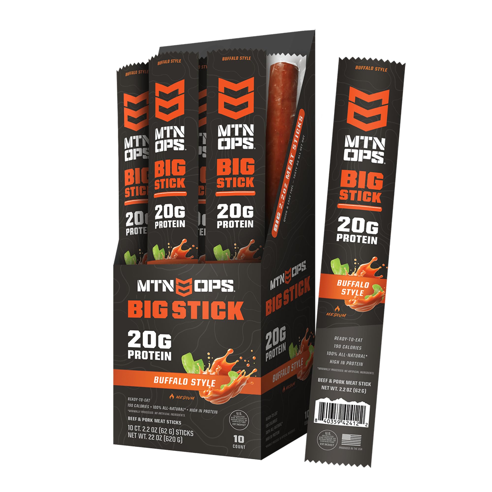 MTN OPS Big Stick High Protein Meat Sticks - 20g Protein, 10% Collagen - Buffalo Style Flavor - Individually Wrapped Beef Snacks - 10 Count Carton