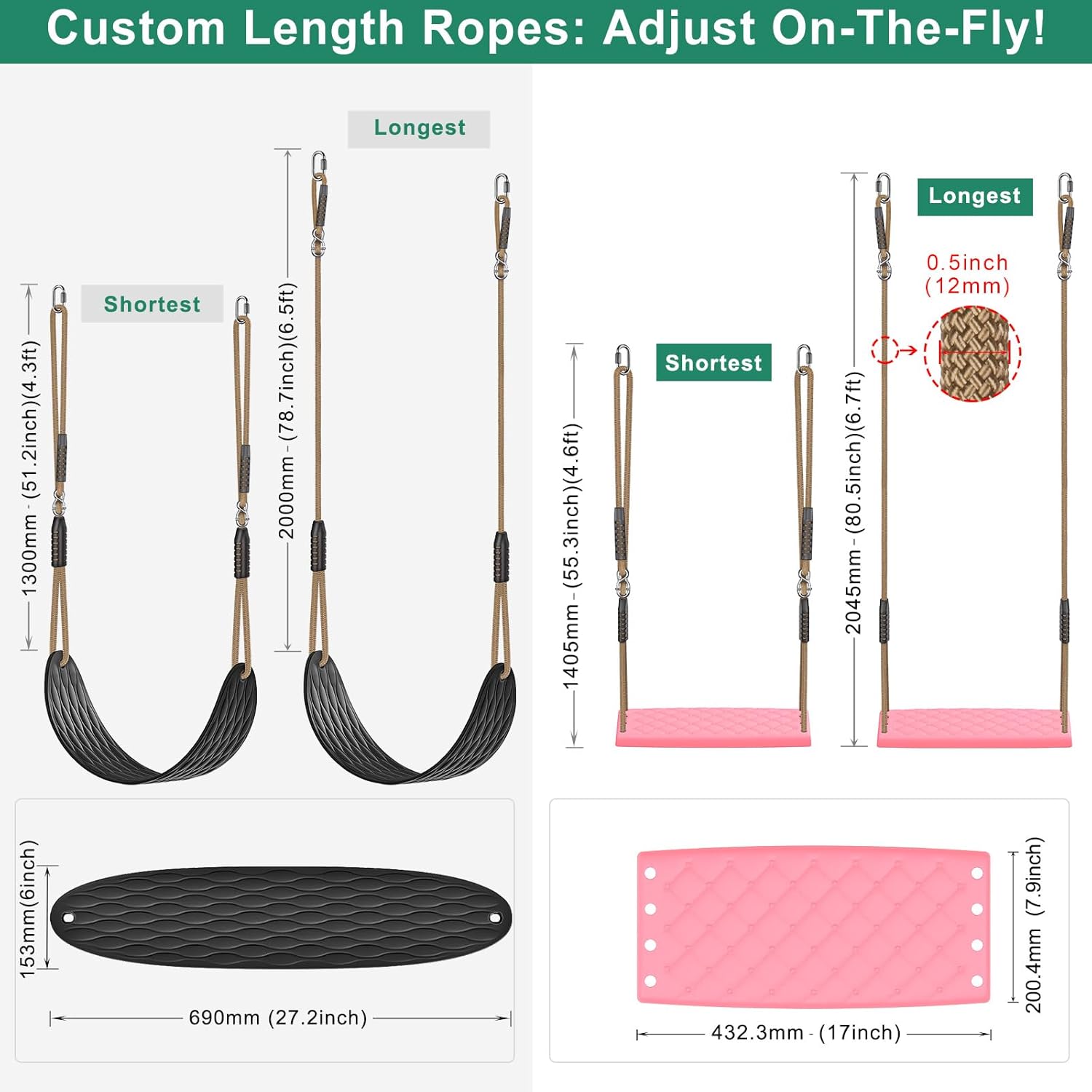 SELEWARE Heavy Duty Swing Seat Replacement for Kids, 2-Pack Outdoor Swing Set Accessories with Adjustable Ropes & Snap Hooks, Plastic Playground Swing for Backyard, Tree, Indoor Play (Black & Pink)