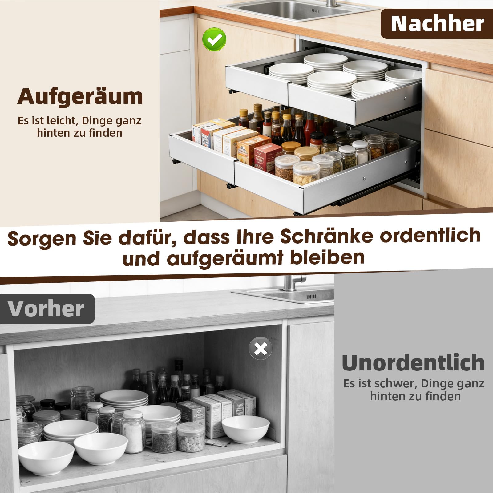 2 Stück 4 Richtungen Teleskopschublade,Metall Schrank-Schubladen-Organizer,erweiterbar ausziehbare schublade küche mit Kleber,Breite 29.5–48cm & Tiefe 41.5–58cm,für Küche Pantry Organisation