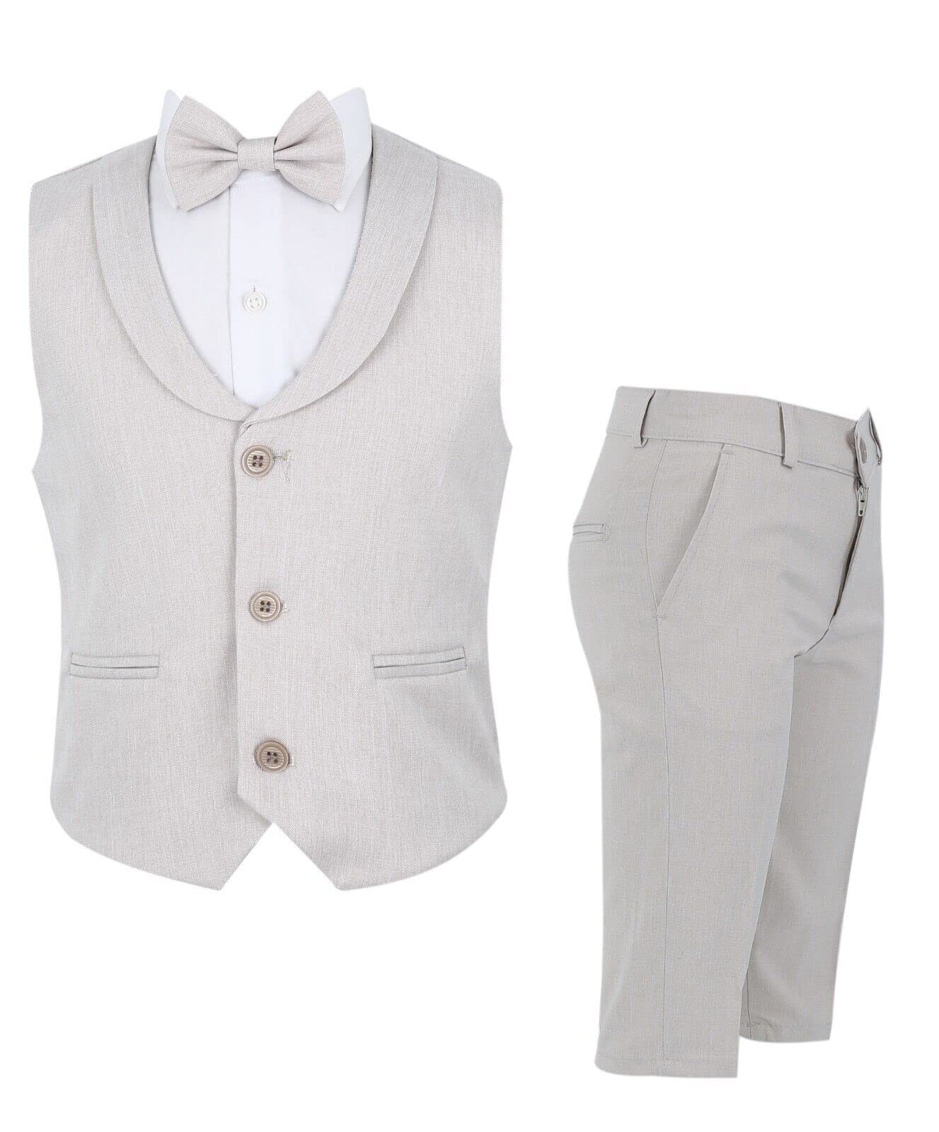 SIRRI Conjunto de chaleco para bebés y niños pequeños, 4 piezas, algodón y lino, conjunto formal de boda con opción de pantalones o edad corta de 3 meses a 8 años