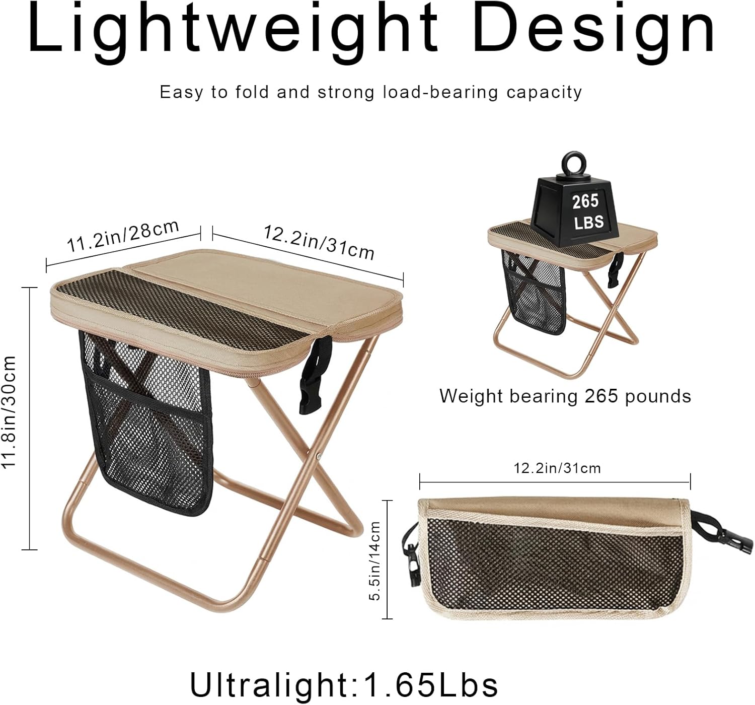 Foldable Backpack Stool for Camping,Portable Pocket Folding Stool with Storage Pouch,Folding Camping Stool for Hands-Free Carry & Supports 265Lbs,Small Chair for Fishing,Travel,Hiking，Beige