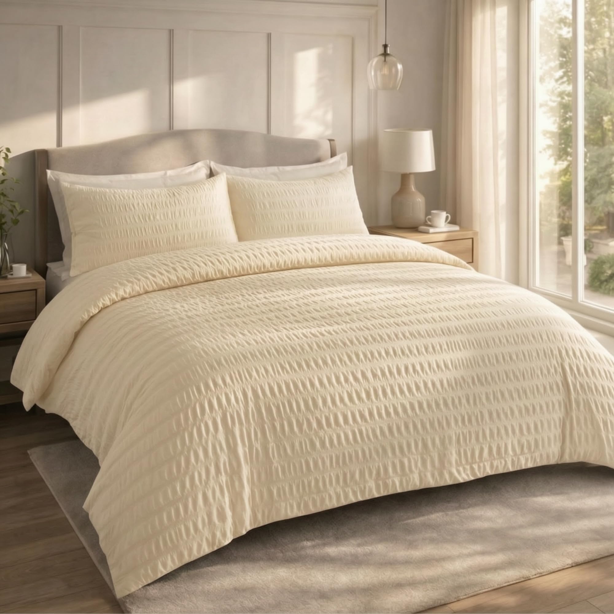 Q & H QUALITY HOUSEHOLD Q&H Bedding Cream Seersucker Duvet Cover Set King with Pillowcase - Ultra Soft Brushed Microfiber Quilt Cover - Breathable, Textured, Easy Care, Machine Washable