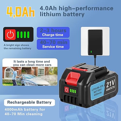 Miniatura 4 de Lavadora a presión inalámbrica portátil, lavadora a presión de automóvil inalámbrica 980PSI con 2 baterías, boquilla 6 en 1, manguera de 16.4 ft,