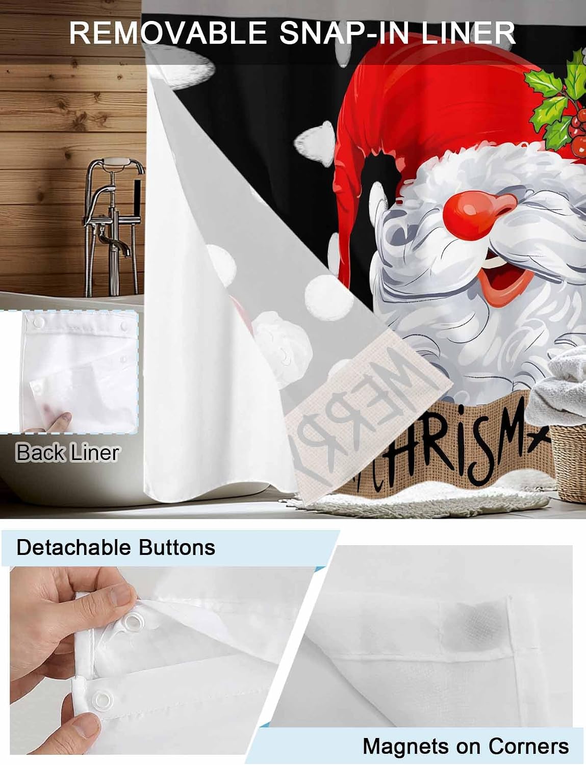 No Hook Shower Curtain, Christmas Gnomes Small Shower Curtains with Snap in Liner, Black Red Merry Christmas Waterproof Washable Fabric Bathroom Curtain Sets, 36" x 72"