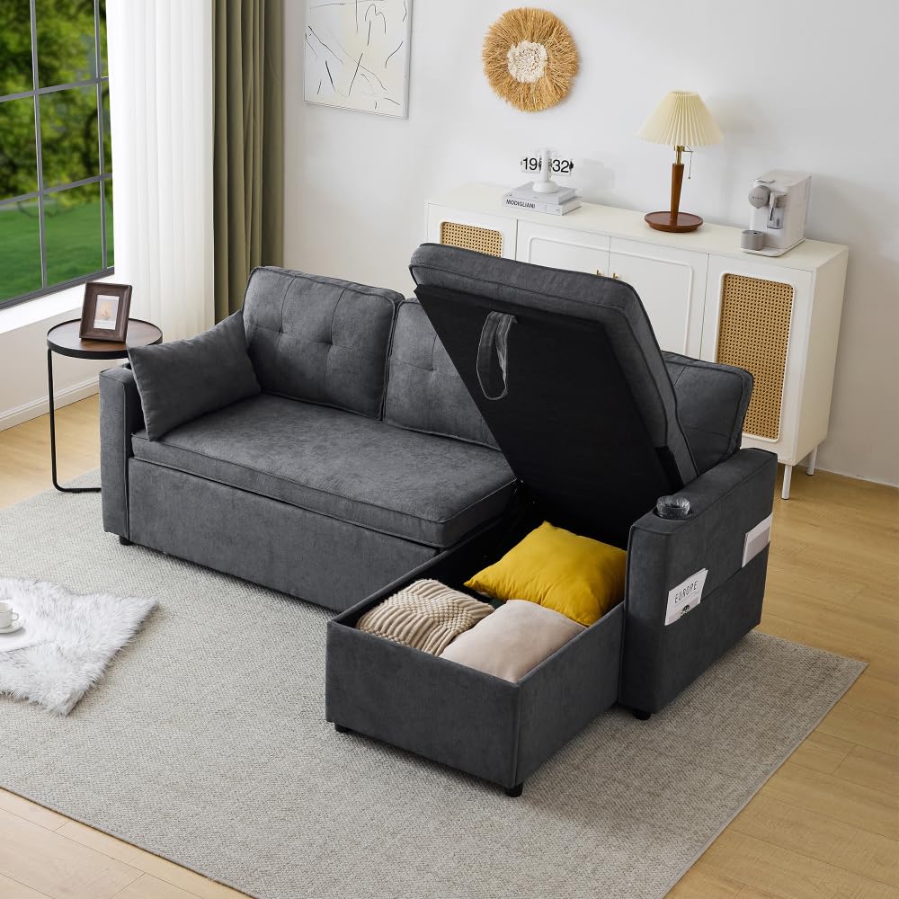Sapgaks Sofá convertible de esquina, sofá cama con función de dormir, sofá de 3 plazas, muebles acolchados, silla larga con espacio de almacenamiento, con soporte para bebidas (gris + algodón + 3