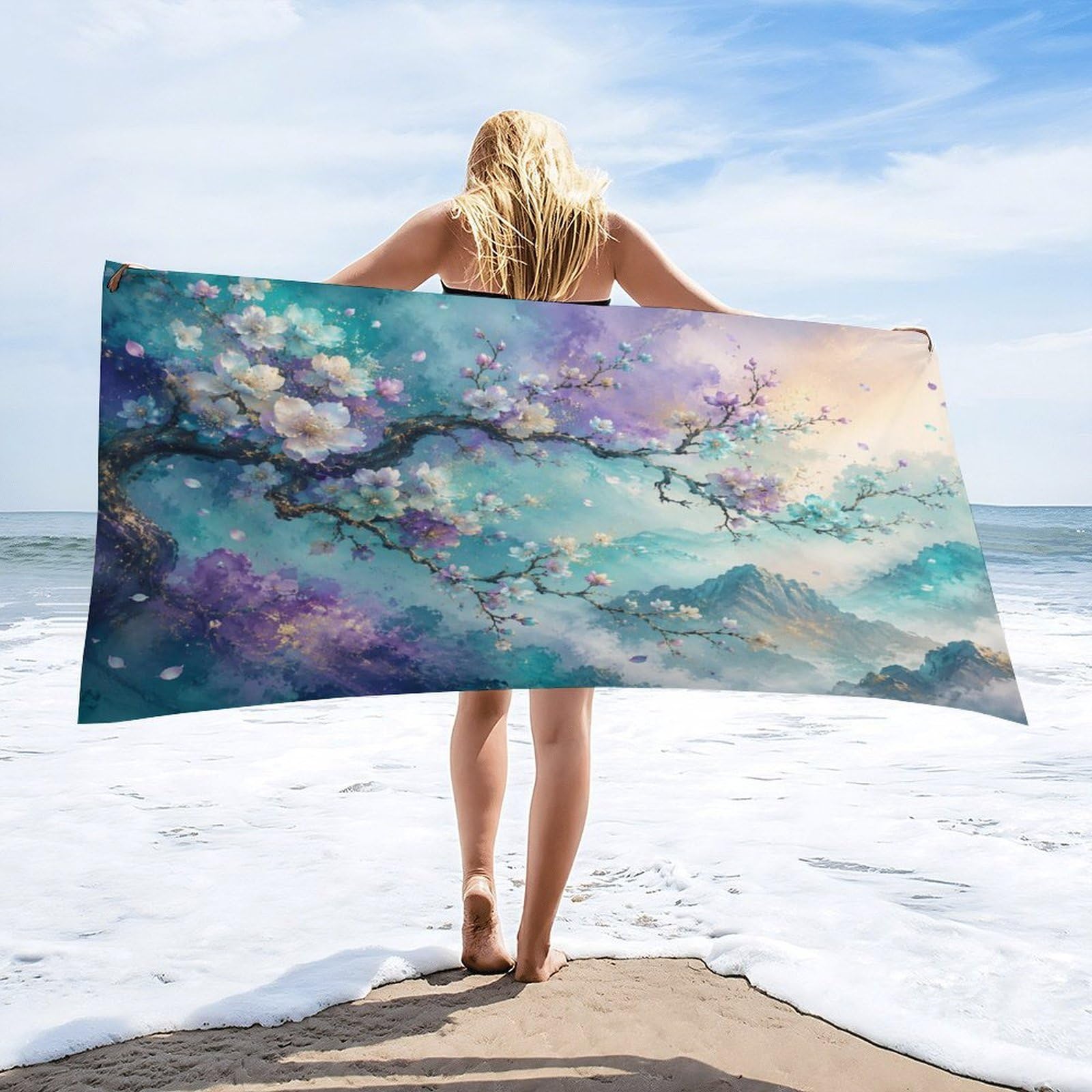 Anceky Cherry Blossom Mountain Sky Beach Towel 32"×63",Soft Microfiber Bath Towel Shawl, Quick Dry Absorbent Pool Spa Gym Shower Towel