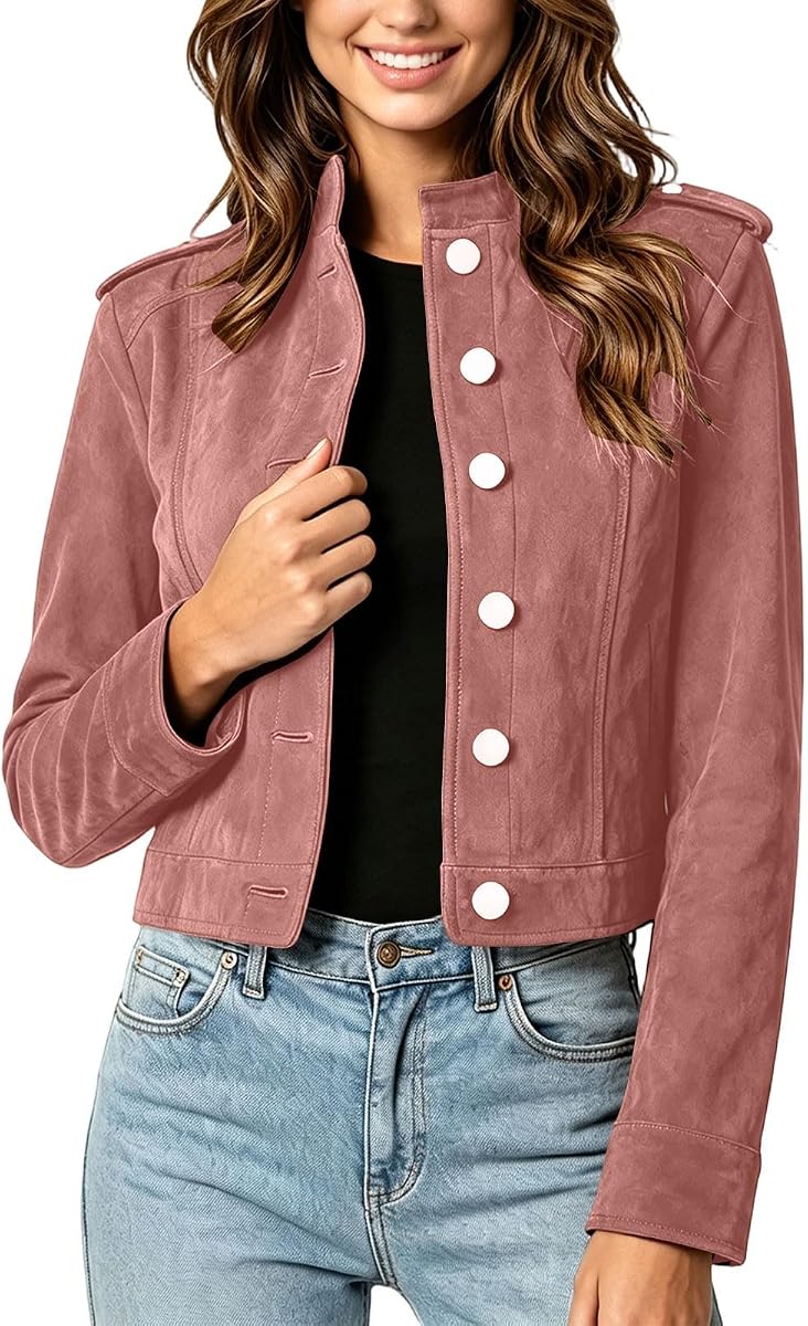 Women Stand Collar Suede Cropped Jacket Button Long Sleeve Coat