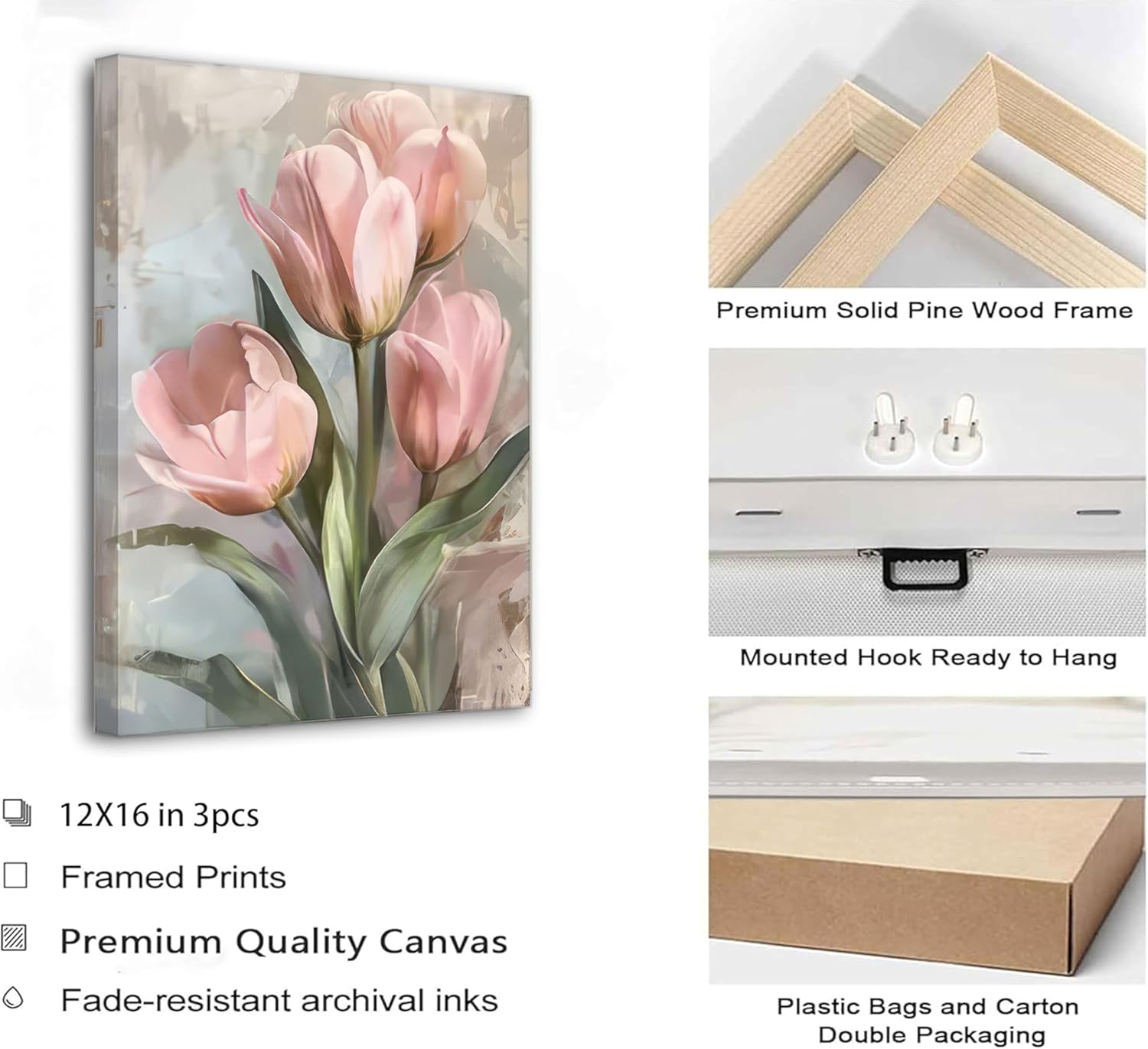 3 Pcs Vintage Pink Tulips Flowers Canvas Wall Art Retro Spring Pink and Green Floral Botanical Paintings Pictures Wall Decor Poster Print Artwork for Living Room Bedroom Home Decoration