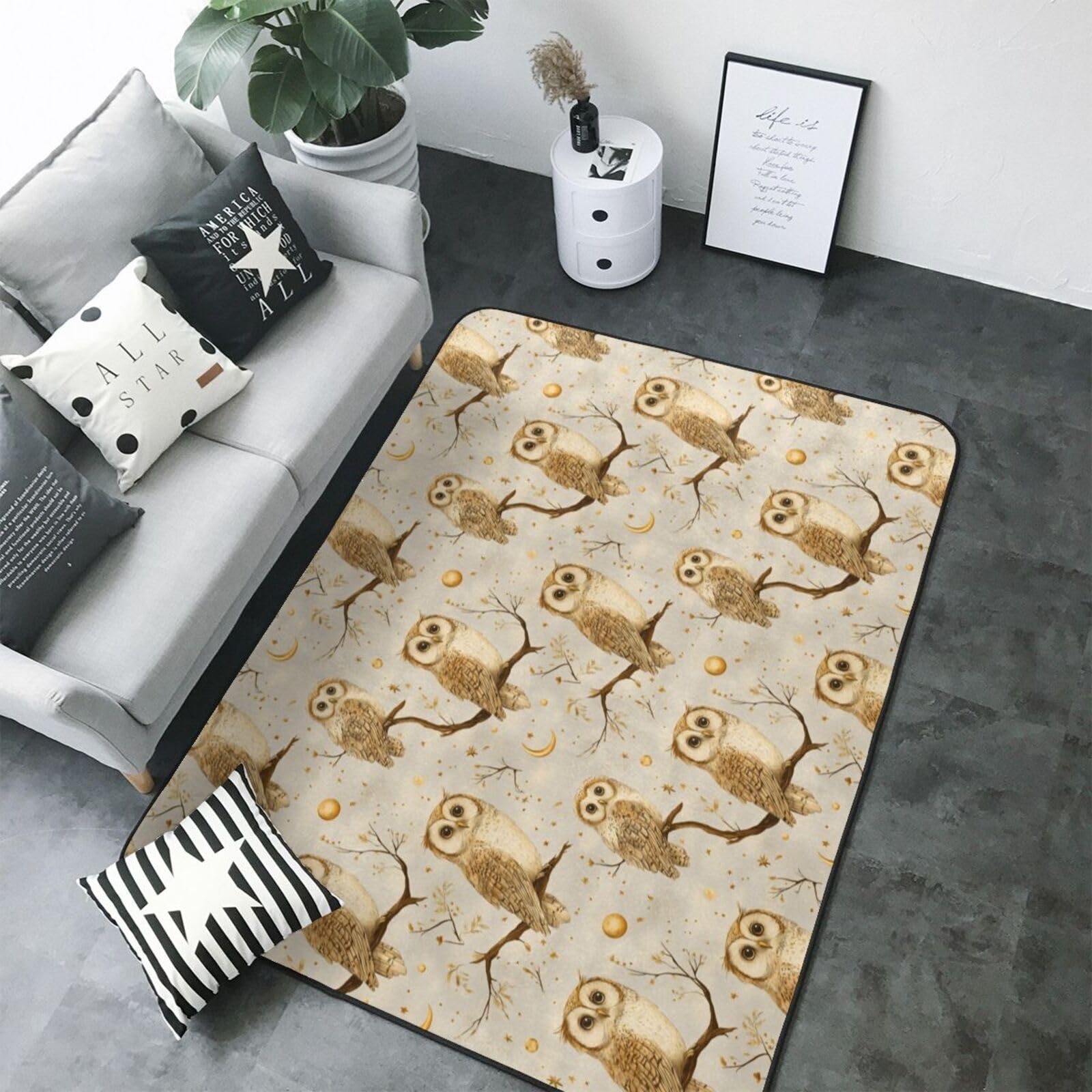 Tapis de salon motif lune et hiboux grand format pour une chambre d'enfant douce