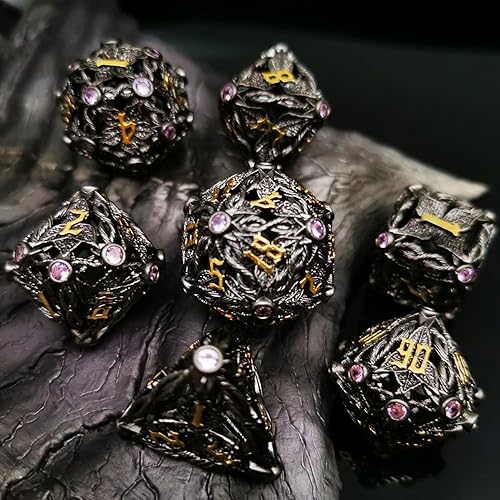 Miniatura 5 de HAOMEJA Juego de dados de metal con hojas de vid DND, 7 dados poliédricos para juegos de rol D&D, dados sólidos de mazmorras y dragones (verde azul)