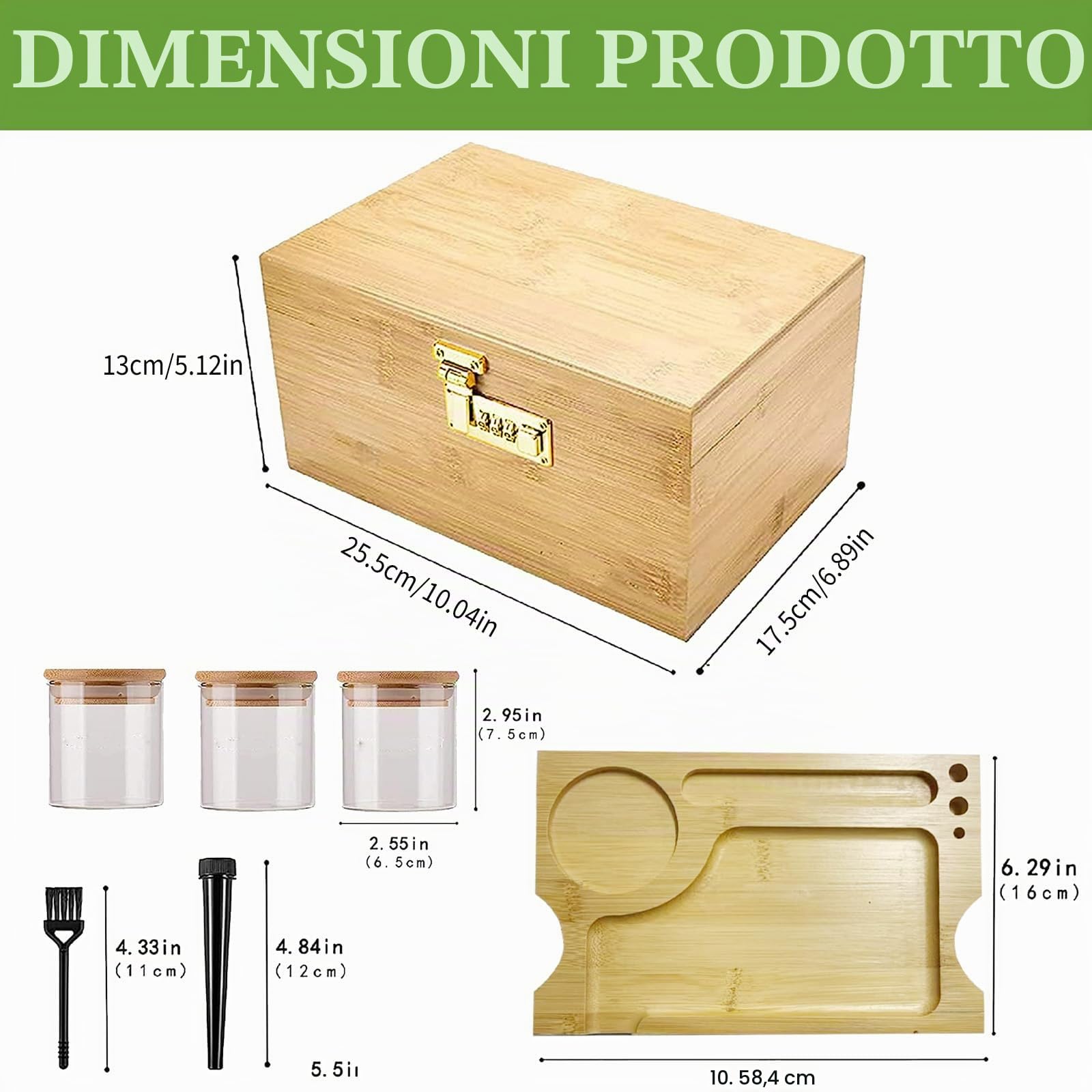 HAMON Grande scatola di bambù con serratura a combinazione, set di scatole portaoggetti in legno, con contenitore in vetro e vassoio, regalo per uomini (26 x 18 x 13 cm)