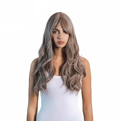 JAMIRA - Peluca ondulada gris de 24 pulgadas con flequillo, pelucas largas y rizadas sin pegamento para mujer, pelucas sintéticas naturales para uso
