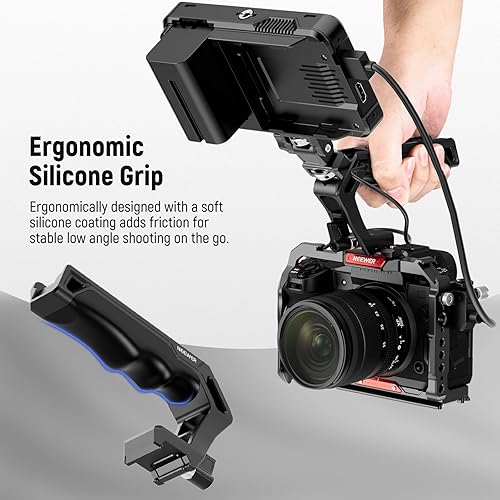 Miniatura 9 de NEEWER Mango superior NATO con botón de grabación, agarre de silicona cómodo con abrazadera QR NATO, orificio de localización ARRI de 38 pulgadas,