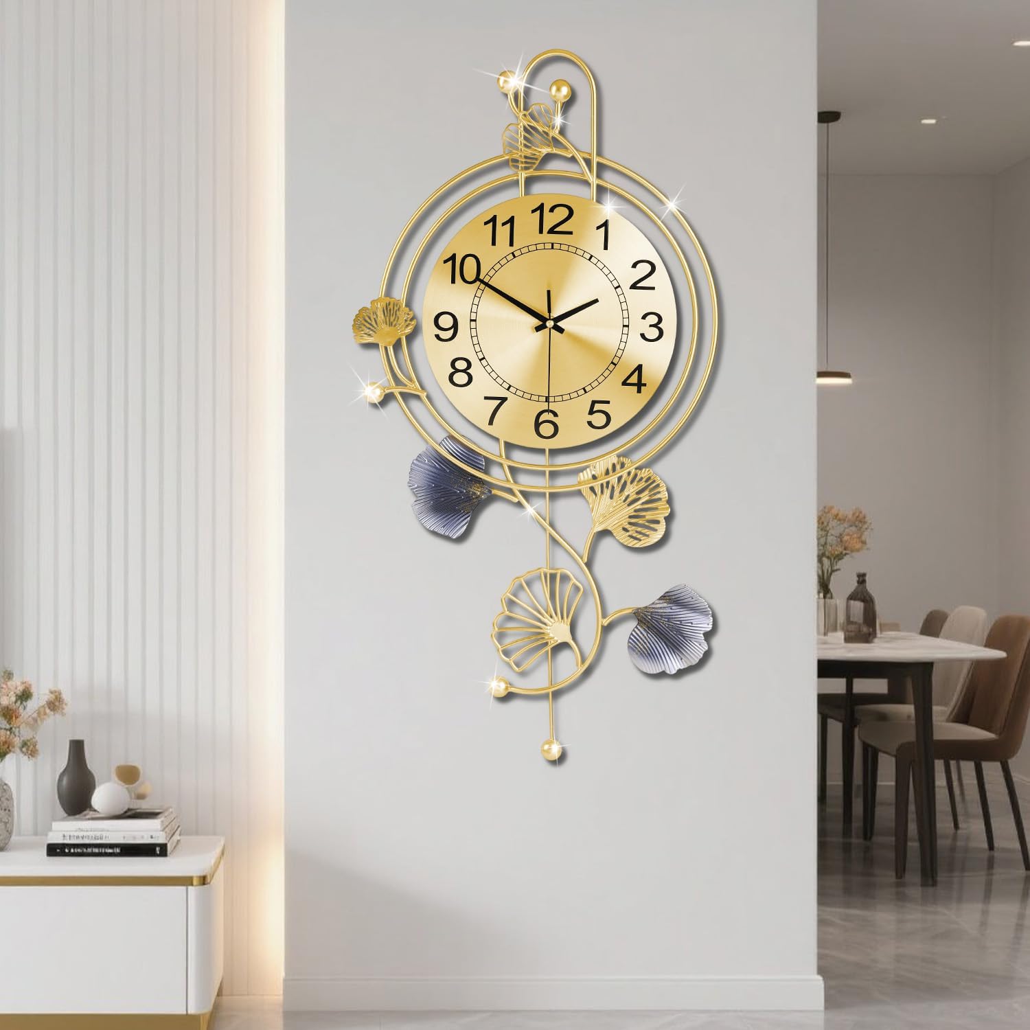 Large Wall Clock for Living Room, Golden Round dial with Pendulum, Modern Silent Non-Ticking Metal Wall Clocks for Kitchen Bedroom Office Home Decor, 14x29inch (Ginkgo Leaf)
