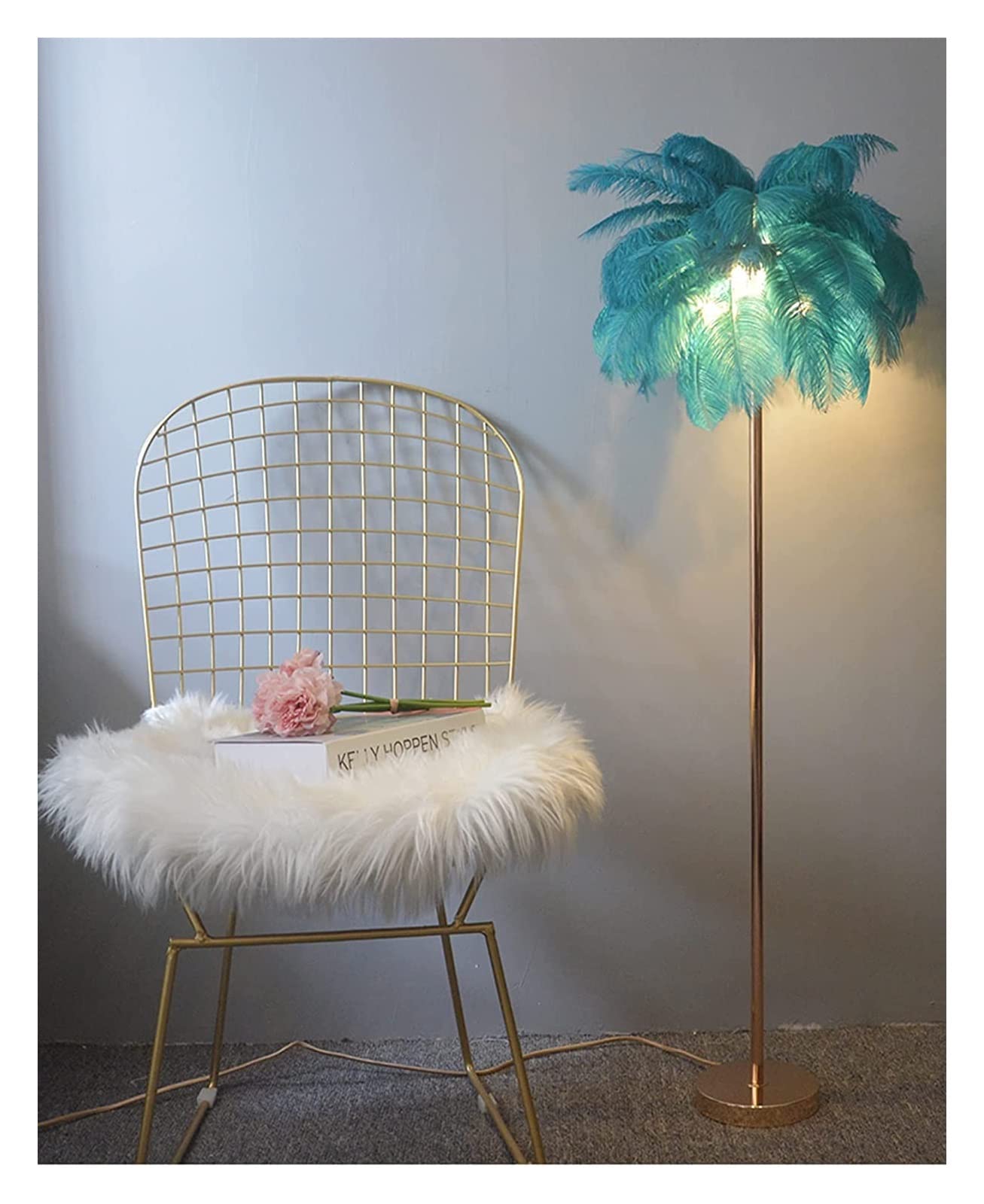 Nowoczesna lampa stołowa 1.6 m naturalna lampa podłogowa ze strusich piór, prosty nowoczesny salon sypialnia lampa stojąca, romantyczna sypialnia lampa stojąca, lampa led do sypialni, złoty korpus lam