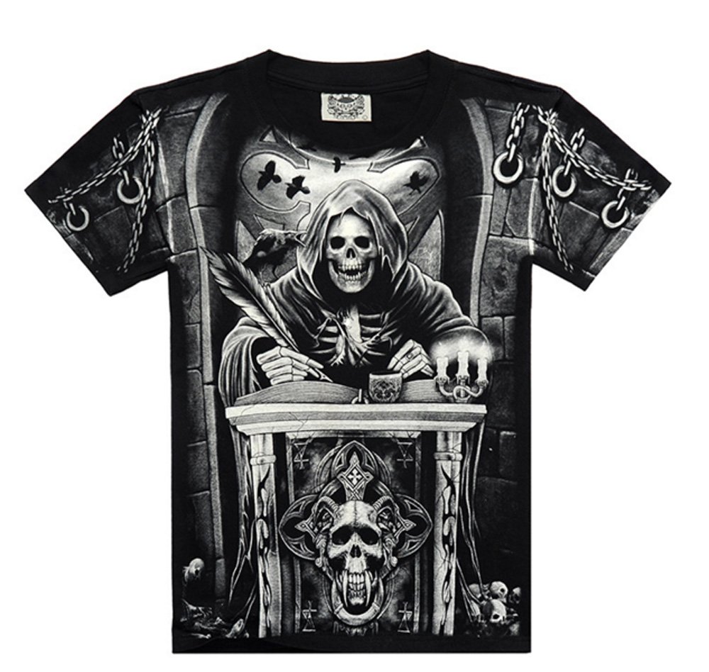 Men's Skull Judge Print Punk Rock Short Sleeve Tee Shirt Black