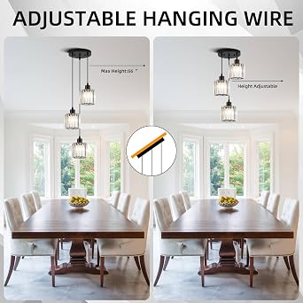 3-Light Crystal Pendant Ceiling Light Modern E27 Adjustable Drop Black | Black Chandelier Pendant Light Fittings, Dimmable, Hanging Ceiling Light for Kitchen Dining Room Living Room Bar, 60W * 3