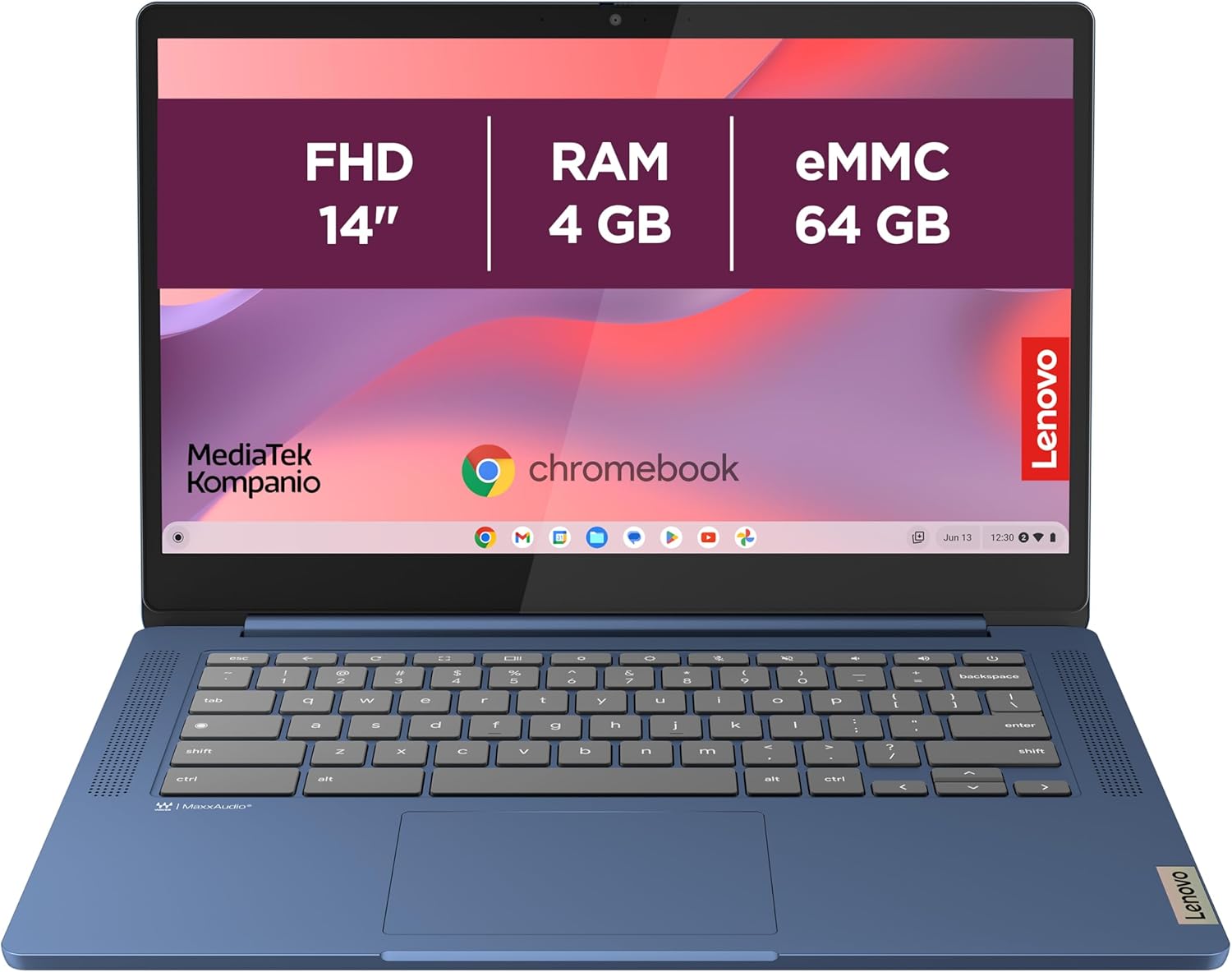 Lenovo IdeaPad Slim 3 Chromebook 14M868 - Ordinateur Portable 14'' FHD (MediaTek Kompanio 520, RAM 4Go, SSD 64Go, Arm Mali-G52 2EE MC2 GPU, Chrome OS) Clavier AZERTY Français - Bleu