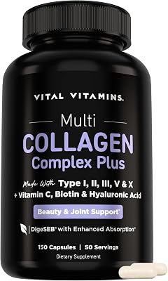 Vital Vitamins Multi Collagen Complex Plus Biotin, Hyaluronic Acid & VIT. C | Hair, Skin, & Nails Supplements for Women and Men, 5 Collagen 