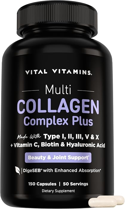 Vital Vitamins Multi Collagen Complex Plus Biotin, Hyaluronic Acid & VIT. C | Hair, Skin, & Nails Supplements for Women and Men, 5 Collagen 