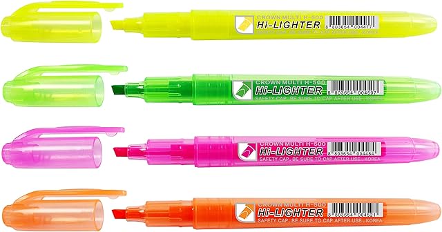 CROWN H-500 Highlighter Pens Chisel Tip Slim Highlighters - Wallet Of 4 - With Bright Fluorescent Ink - Yellow, Green, Pink And Orange