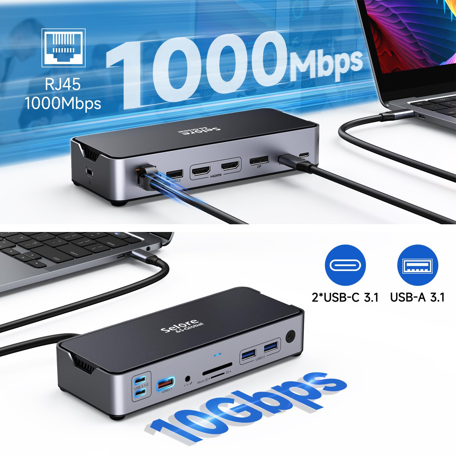 Docking Station USB C con alimentatore di rete da 65 W USB C Dock Dual Monitor Laptop Docking Station Triple Display con 2 HDMI, DisplayPort Dock 10 Gbps USB 3.1 A/C, USB3.0, USB2.0, RJ45, 100 W PD