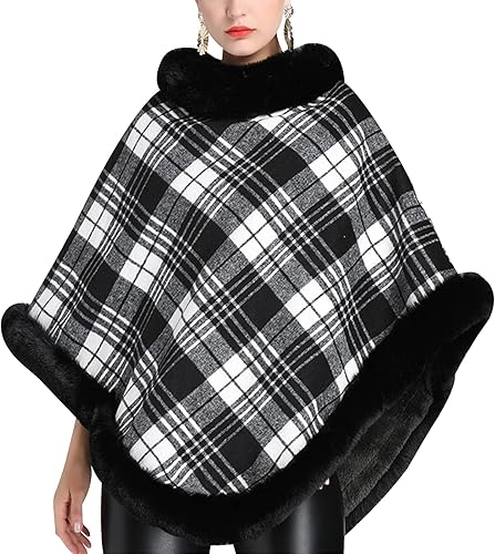 Gihuo Poncho a cuadros para mujer, abrigo cálido de invierno con ribete de piel sintética, elegante capa de chal, chales