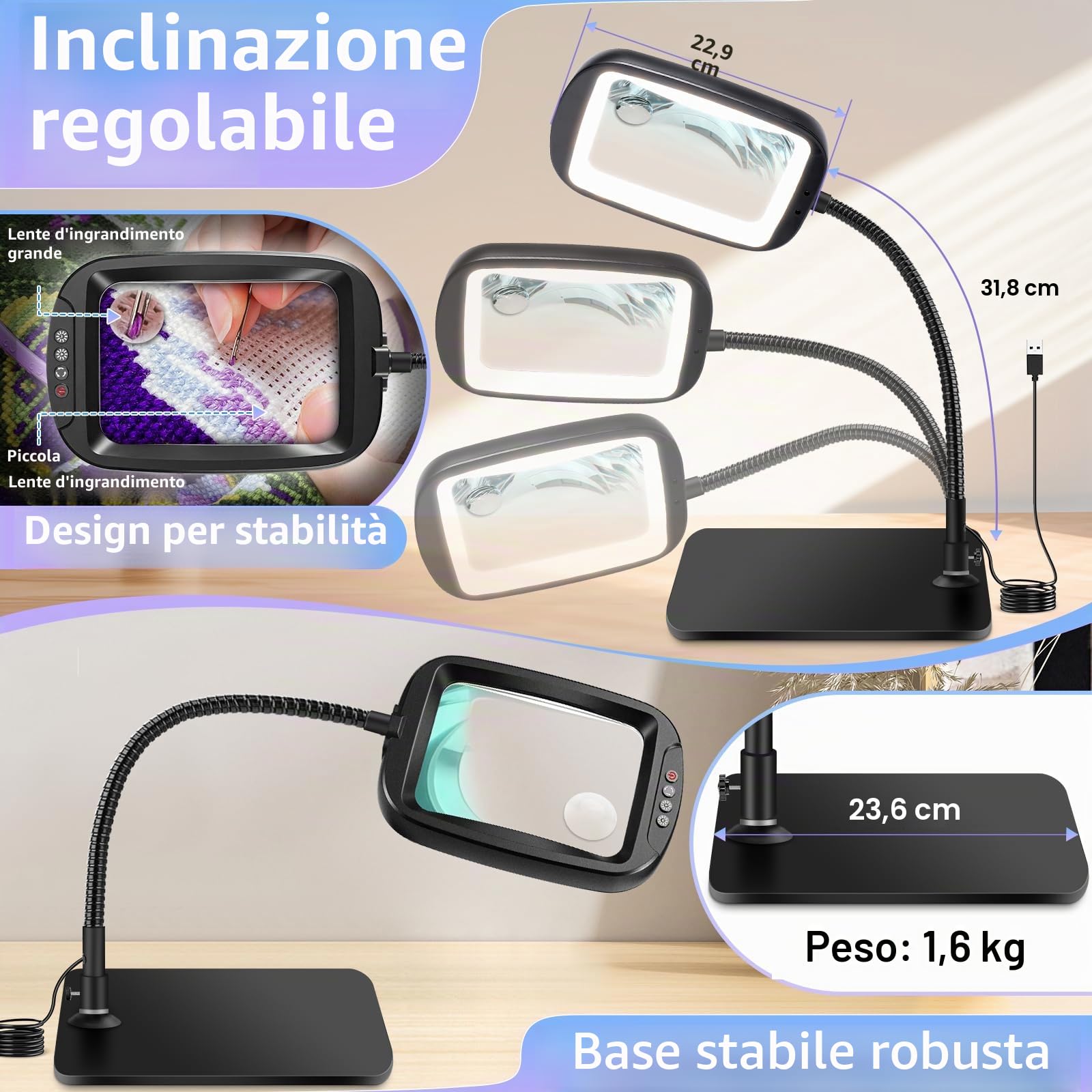 NZQXJXZ 10x Lente Ingrandimento con Luce con Luce e Supporto, 5 Modalità Colore Dimmerabili Lampada Lente Ingrandimento, Lampada ingrandimento per Diamond Painting, Lettura, Riparazione, Artigianato