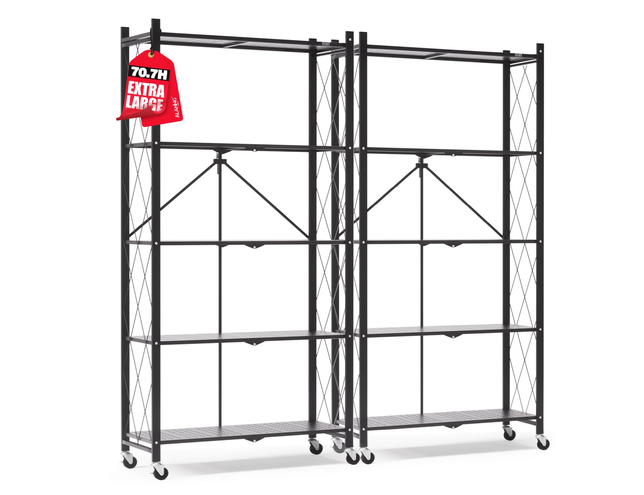 ALANNG 70.7" H Metal Storage Shelves, 5 Tier Folding Shelf on Wheels