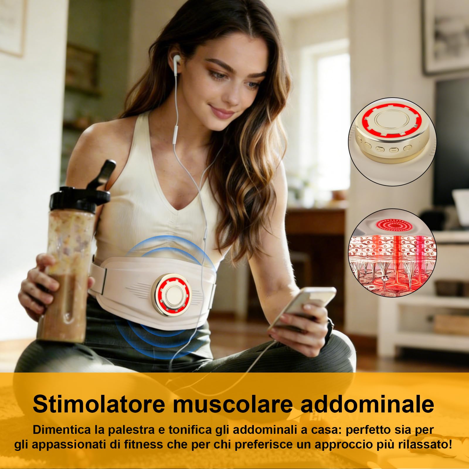 Ms.W Cintura massaggiante EMS, stimolatore per Addominali e tonificatore Muscolare con 4 modalità, Diversi Livelli di intensità, impacco Termico e luci Colorate, per Uomini e Donne