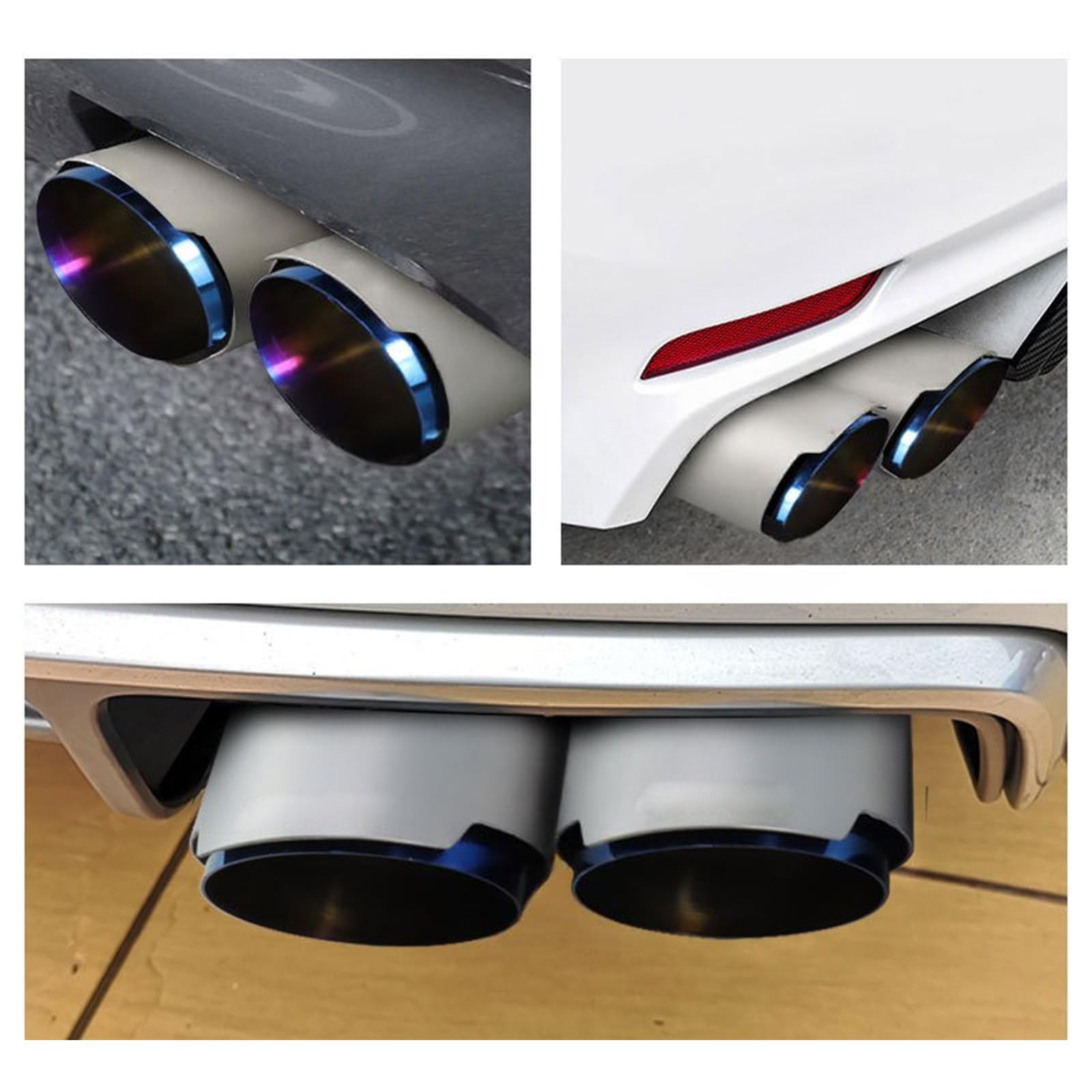 2.25" Tubo de Escape​​ Doble Salida - ​​Punta Cola de Coche​​ de Acero Inoxidable ​​Silenciador​​ Modificado 2.25" a 3.5" Diseño Bicolor (Azul/Plateado) Instalación Bolt-On para Autos
